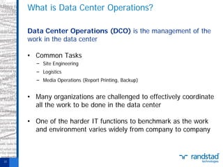 What is Data Center Operations?
Data Center Operations (DCO) is the management of the
work in the data center
• Common Tasks
− Site Engineering
− Logistics
− Media Operations (Report Printing, Backup)

• Many organizations are challenged to effectively coordinate
all the work to be done in the data center
• One of the harder IT functions to benchmark as the work
and environment varies widely from company to company

22

 