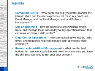 Agenda
• Command Center – What tools can help you better monitor the
infrastructure and the user experience for these key processes:
Event Management, Incident Management, and Problem
Management?
• Site Engineering – How do successful organizations assign,
track, and manage these critical day to day operational tasks that
can make or break a data center?
• Data Center Operations – How can reviewing workloads, tasks
times, and frequency help you manage your operations more
efficiently?
• Resource Acquisition/Management – What are the best
options for resource acquisition and how can you ensure you have
the skill sets you need to run your environment?

3

 