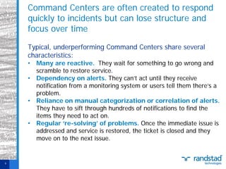 Command Centers are often created to respond
quickly to incidents but can lose structure and
focus over time
Typical, underperforming Command Centers share several
characteristics:

• Many are reactive. They wait for something to go wrong and
scramble to restore service.
• Dependency on alerts. They can’t act until they receive
notification from a monitoring system or users tell them there’s a
problem.
• Reliance on manual categorization or correlation of alerts.
They have to sift through hundreds of notifications to find the
items they need to act on.
• Regular ‘re-solving’ of problems. Once the immediate issue is
addressed and service is restored, the ticket is closed and they
move on to the next issue.

9

 