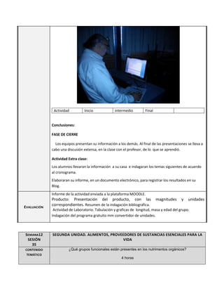 SEMANA12
SESIÓN
35
SEGUNDA UNIDAD. ALIMENTOS, PROVEEDORES DE SUSTANCIAS ESENCIALES PARA LA
VIDA
CONTENIDO
TEMÁTICO
¿Qué grupos funcionales están presentes en los nutrimentos orgánicos?
4 horas
Actividad Inicio intermedio Final
Conclusiones:
FASE DE CIERRE
Los equipos presentan su información a los demás. Al final de las presentaciones se lleva a
cabo una discusión extensa, en la clase con el profesor, de lo que se aprendió.
Actividad Extra clase:
Los alumnos llevaran la información a su casa e indagaran los temas siguientes de acuerdo
al cronograma.
Elaboraran su informe, en un documento electrónico, para registrar los resultados en su
Blog.
EVALUACIÓN
Informe de la actividad enviada a la plataforma MOODLE.
Producto: Presentación del producto, con las magnitudes y unidades
correspondientes. Resumen de la indagación bibliográfica.
Actividad de Laboratorio. Tabulación y graficas de longitud, masa y edad del grupo.
Indagación del programa gratuito mm convertidor de unidades.
 