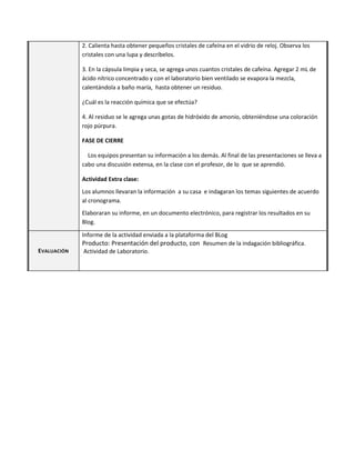 2. Calienta hasta obtener pequeños cristales de cafeína en el vidrio de reloj. Observa los
cristales con una lupa y descríbelos.
3. En la cápsula limpia y seca, se agrega unos cuantos cristales de cafeína. Agregar 2 mL de
ácido nítrico concentrado y con el laboratorio bien ventilado se evapora la mezcla,
calentándola a baño maría, hasta obtener un residuo.
¿Cuál es la reacción química que se efectúa?
4. Al residuo se le agrega unas gotas de hidróxido de amonio, obteniéndose una coloración
rojo púrpura.
FASE DE CIERRE
Los equipos presentan su información a los demás. Al final de las presentaciones se lleva a
cabo una discusión extensa, en la clase con el profesor, de lo que se aprendió.
Actividad Extra clase:
Los alumnos llevaran la información a su casa e indagaran los temas siguientes de acuerdo
al cronograma.
Elaboraran su informe, en un documento electrónico, para registrar los resultados en su
Blog.
EVALUACIÓN
Informe de la actividad enviada a la plataforma del BLog
Producto: Presentación del producto, con Resumen de la indagación bibliográfica.
Actividad de Laboratorio.
 
