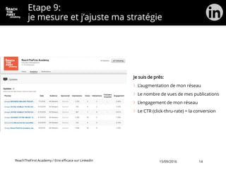 Etape 9:
je mesure et j’ajuste ma stratégie
Je suis de près:
L’augmentation de mon réseau
Le nombre de vues de mes publications
L’engagement de mon réseau
Le CTR (click-thru-rate) = la conversion
ReachTheFirst Academy / Etre efficace sur LinkedIn 15/09/2016 14
 