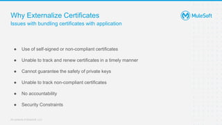 All contents © MuleSoft, LLC
Issues with bundling certificates with application
● Use of self-signed or non-compliant certificates
● Unable to track and renew certificates in a timely manner
● Cannot guarantee the safety of private keys
● Unable to track non-compliant certificates
● No accountability
● Security Constraints
Why Externalize Certificates
 