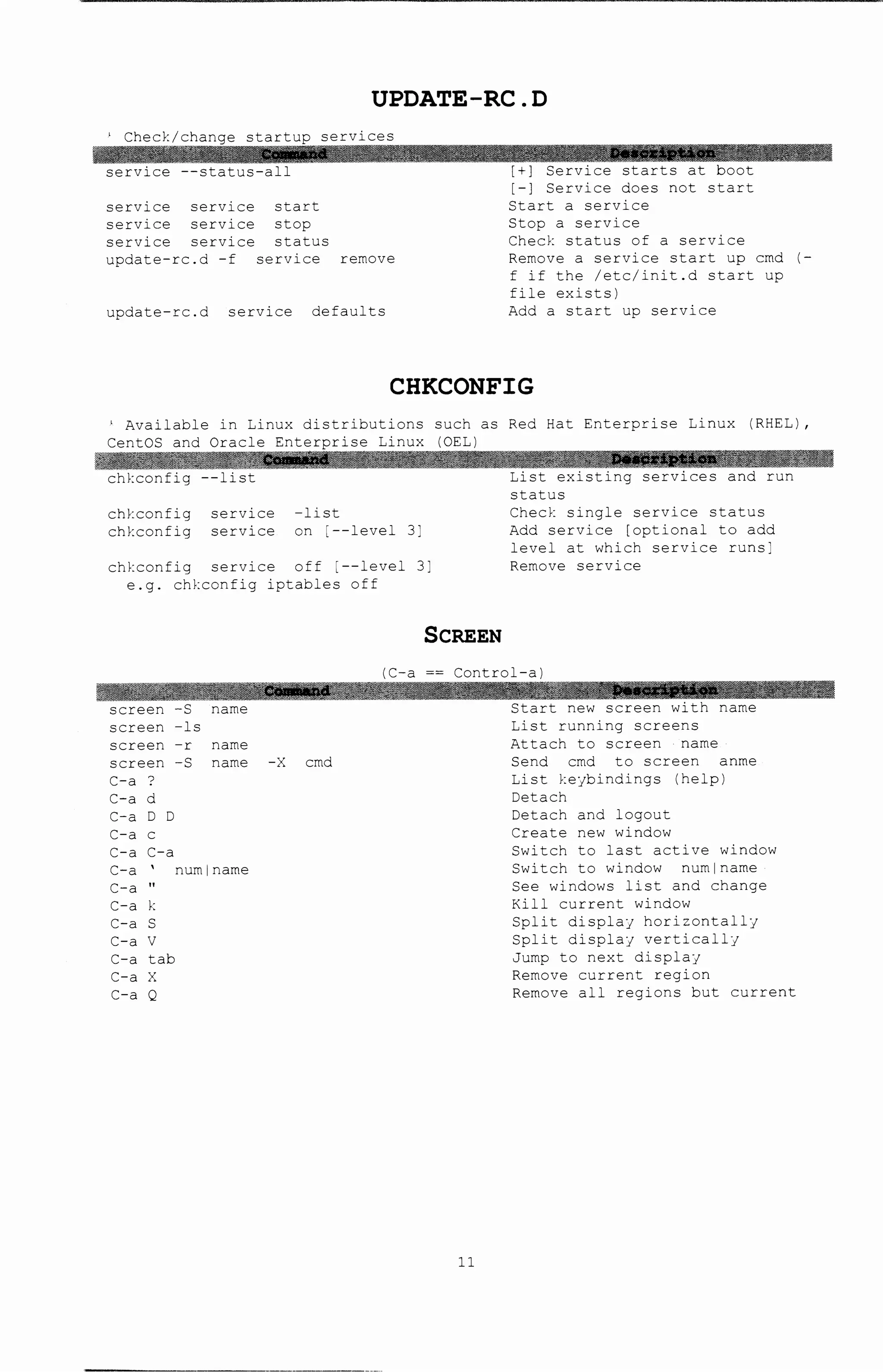 UPDATE-RC.D
• Check/change startup services
service --status-all
service service
service service
service service
update-rc.d -f
start
stop
status
service remove
update-rc.d service defaults
[+] Service starts at boot
[-] Service does not start
Start a service
Stop a service
Check status of a service
Remove a service start up cmd (-
f if the /etc/init.d start up
file exists I
Add a start up service
CHKCONFIG
• Available in Linux distributions such as Red Hat Enterprise Linux (RHEL),
CentOS and Oracle Enterprise Linux (OEL)
chkconfig --list
chkconfig service
chkconfig service
-list
on [--level 3]
chkconfig service off [--level 3]
e.g. chkconfig iptables off
SCREEN
List existing services and run
status
Check single service status
Add service [optional to add
level at which service runs]
Remove service
(C-a ~~ Control-a)
screen -S name
screen -ls
screen -r name
screen -S name
C-a
C-a d
C-a D D
C-a c
C-a C-a
C-a ' numlname
C-a "
C-a k
C-a S
C-a V
C-a tab
C-a X
C-a Q
-X cmd
11
Start new screen with name
List running screens
Attach to screen name
Send crnd to screen anrne
List keybindings (help)
Detach
Detach and logout
Create new window
Switch to last active window
Switch to window numlname
See windows list and change
Kill current window
Split display horizontally
Split display vertically
Jump to next display
Remove current region
Remove all regions but current
 
