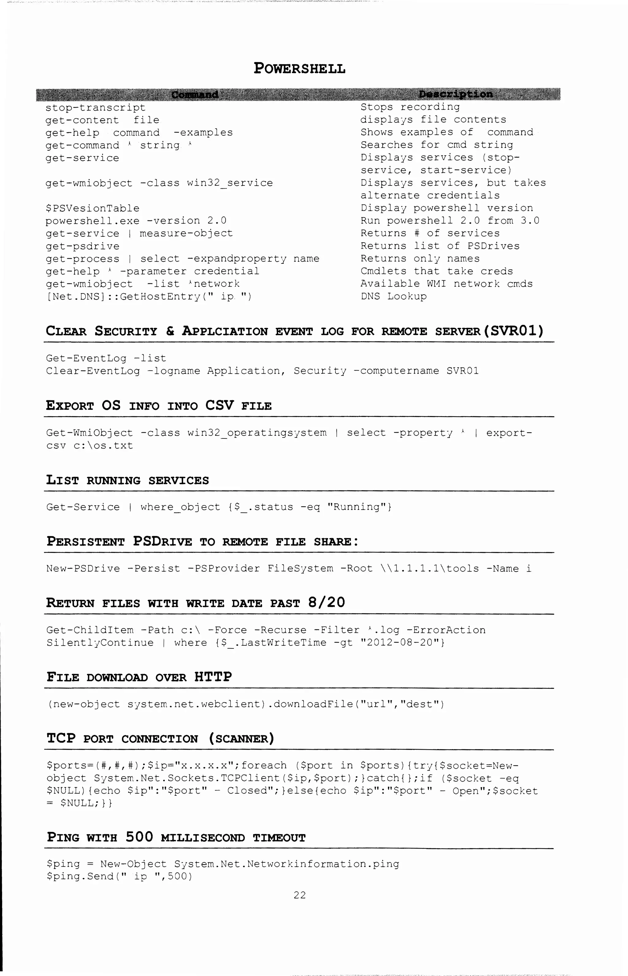 get-content file
get-help command -examples
get-command ' string '
get-service
POWERSHELL
get-wmiobject -class win32 service
$PSVesionTable
powershell.exe -version 2.0
get-service measure-object
get-psdrive
get-process select -expandproperty name
get-help ' -parameter credential
get-wmiobject -list -'network
(Net.DNS]: :GetnostEntry(" ip "I
displaJs file contents
Shows examples of command
Searches for cmd string
Displajs services (stop-
service, start-service)
Displays services, but takes
alternate credentials
DisplaJ powershell version
Run powershell 2.0 from 3.0
Returns # of services
Returns list of PSDrives
Returns only names
Cmdlets that take creds
Available WMI network cmds
DNS Lookup
CLEAR SECURITY & APPLCIATION EVENT LOG FOR REMOTE SERVER(S~Ol)
Get-EventLog -list
Clear-EventLog -logname Application, Security -computername SVR01
EXPORT OS INFO INTO CSV FILE
Get-WmiObject -class win32 operatingsjstem I select -property 1 1 export-
csv c:os.txt
LIST RUNNING SERVICES
Get-Service I where object {$ .status -eq ''Running''}
PERSISTENT PSDRIVE TO REMOTE FILE SHARE:
New-PSJrive -Persist -PSProvider FileSjstem -Root 1.1.1.1tools -Name i
RETURN FILES WITH WRITE DATE PAST 8/2 0
Get-Childitem -Path c: -Force -Rec~rse -Filter '.log -ErrorAction
Silentl~Con~inue I where {$ .LastWriteTime -gt ''2012-08-20''}
FILE DOWNLOAD OVER HTTP
(new-object sjstem.net.webclient) .downloadFile(''url'',''dest'')
TCP PORT CONNECTION (SCANNER)
$ports=(#,#,#) ;$ip="x.x.x.x";foreach ($port in $ports) {trJ($socket=New-
object Sjste~.Net.Sockets.TCPClient($ip,$port); }catch(};if ($socket -eq
$NULL) (echo $ip":"$port"- Closed";}else(echo $ip":"$port"- Open";$socket
=$NULL;}}
PING WITH 500 MILLISECOND TIMEOUT
$ping = New-Object Sjstex.Net.Networkinformation.ping
$ping.Send('' ip '',5JO)
22
 