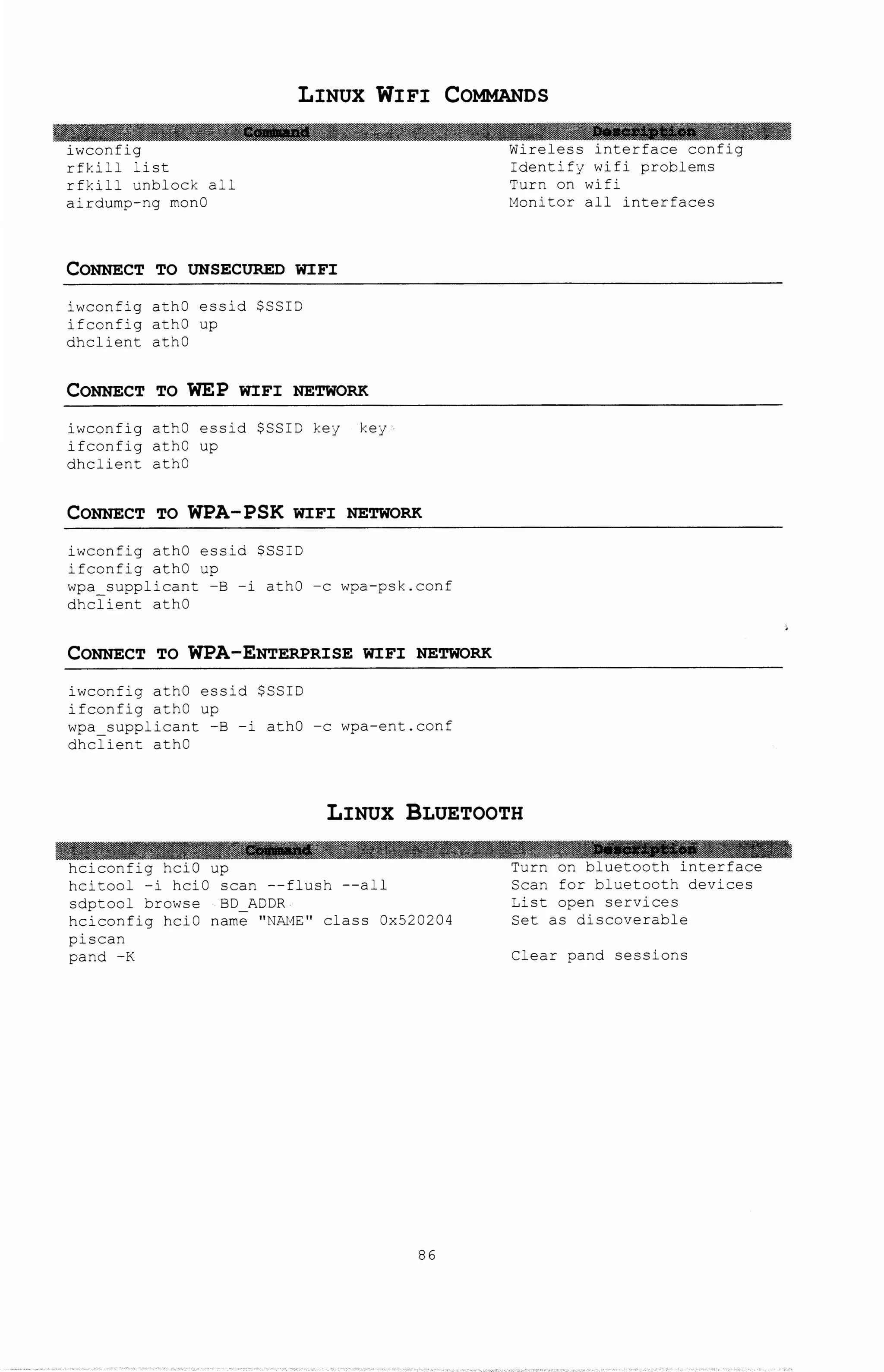LINUX WIFI COMMANDS
rfl:ill list
rfkill unblock all
airdump-ng monO
CONNECT TO UNSECURED WIFI
iwconfig athO essid $SSID
ifconfig athO up
dhclient athO
CONNECT TO WEP WIFI NETWORK
iwconfig athO essid $SSID kej kej
ifconfig athO up
dhclient athO
CONNECT TO WPA-PSK WIFI NETWORK
iwconfig athO essid $SSID
ifconfig athO up
wpa_supplicant -B -i athO -c wpa-psk.conf
dhclient athO
CONNECT TO WPA-ENTERPRISE WIFI NETWORK
iwconfig athO essid $SSID
ifconfig athO up
wpa suppl1cant -B -i athO -c wpa-ent.conf
dhclient athO
Identify wifi problems
Turn on wifi
Monitor all interfaces
LINUX BLUETOOTH
hciconfig hciO up
hcitool -i hciO scan --flush --all
sdptool browse BD_ADDR
hciconfig hciO name "NAME" class Ox520204
pi scan
pand -K
86
Turn on bluetooth interface
Scan for bluetooth devices
List open services
Set as discoverable
Clear pand sessions
 