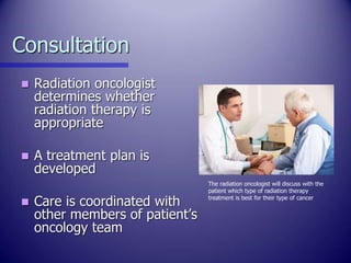 Consultation
 Radiation oncologist
determines whether
radiation therapy is
appropriate
 A treatment plan is
developed
 ...