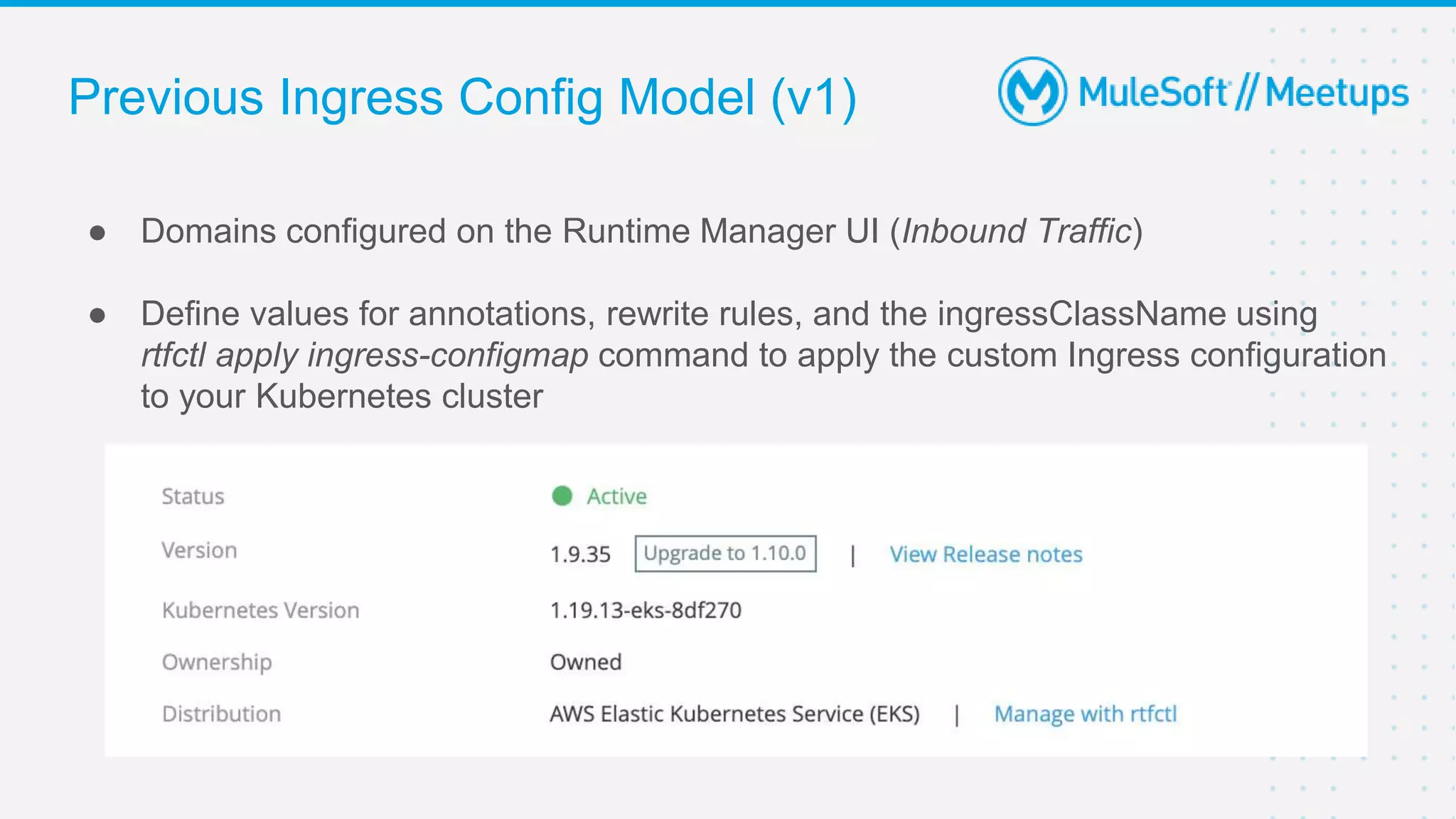 Previous Ingress Config Model (v1)
● Domains configured on the Runtime Manager UI (Inbound Traffic)
● Define values for annotations, rewrite rules, and the ingressClassName using
rtfctl apply ingress-configmap command to apply the custom Ingress configuration
to your Kubernetes cluster
 