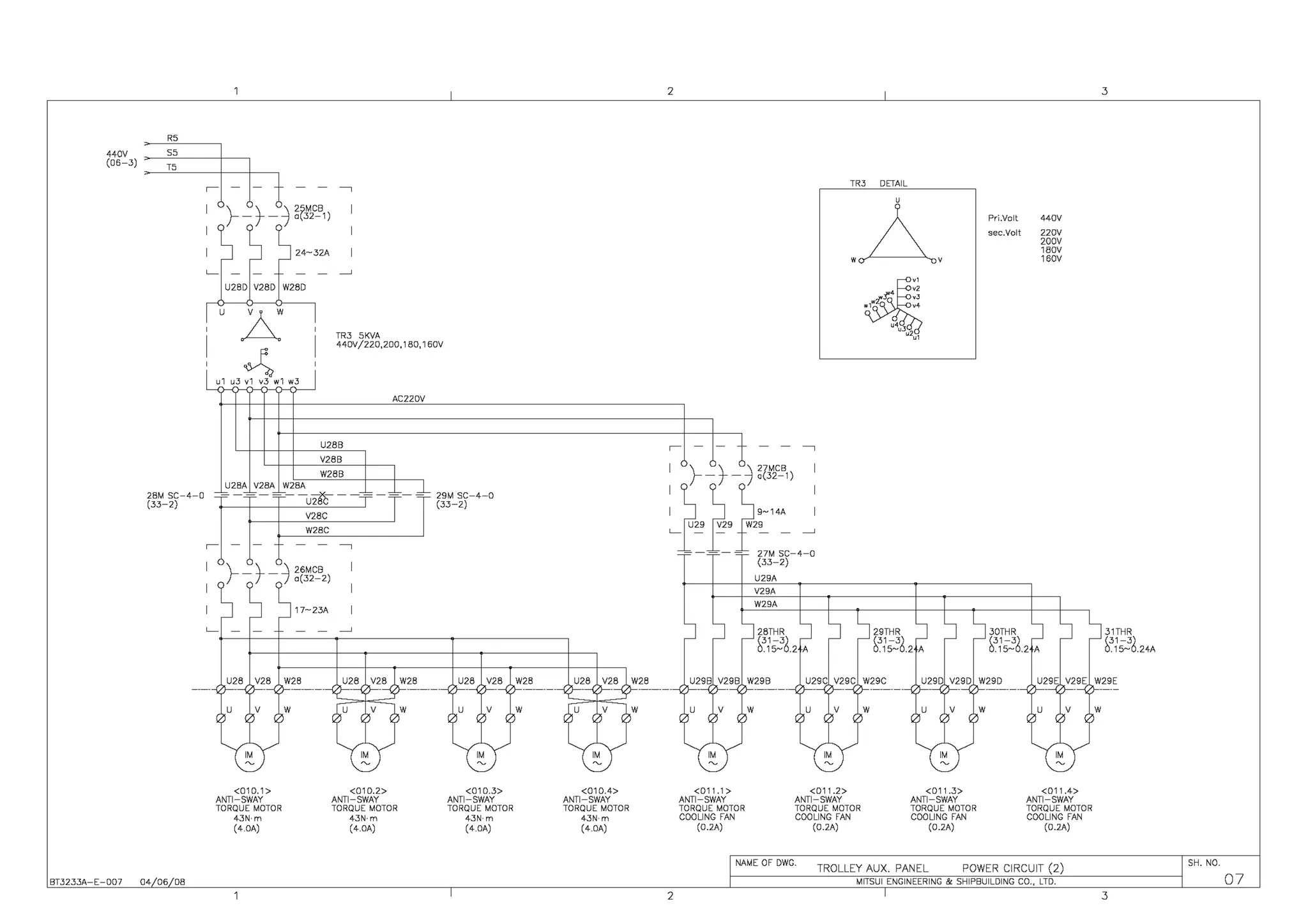 440V
(06-3)
BT3233A-E-007
R5
55
T5
~I) 1
11)'"'rn,
~
24-32A
~
U28D V28D W28D
UA
~
I u1 u3 v1 v3 w1 w3 I
~
TR3 5KVA
440V/220,200, 180, 160V
ACZZOV
U28B
V28B I
W28B I I
28M SC-4-0 -~~~~~A=--!'~B~U2~- - _-L _.l-_ J_ 29M SC-4-0
(33-2) ~I-I-I~~~~ ~ T T T(33-2)
04 06 08
I    26MCB
;-T-7 a(32-2)
17-23A
U28 V28 W28
<010.1>
ANTI-SWAY
TORQUE MOTOR
43N·m
(4.0A)
IM
<010.2>
ANTI-SWAY
TORQUE MOTOR
43N·m
(4.0A)
U28 V28 W28
<010.3>
ANTI-SWAY
TORQUE MOTOR
43N·m
(4.0A)
<010.4>
ANTI-SWAY
TORQUE MOTOR
43N·m
(4.0A)
2 3
~ -_~ _± 27MCB ~
I r T 7 o(32-1)
~t~~9t2~14
~ ~
- - - - - 27M SC-4-0
(33-2)
U29A
V29A
W29A
28THR
(31-3)
0.15-6.2 A
U29B V29B W29B
u v
IM
TR3 DETAIL
<011.1 >
ANTI-SWAY
TORQUE MOTOR
COOLING FAN
<011.2>
ANTI-SWAY
TORQUE MOTOR
COOLING FAN
(0.2A) (0.2A)
<011.3>
ANTI-SWAY
TORQUE MOTOR
COOLING FAN
(0.2A)
Pri.Volt
sec.Volt
440V
220V
200V
180V
160V
IM
<011.4>
ANTI-SWAY
TORQUE MOTOR
COOLING FAN
(0.2A)
NAME OF DWG.
TROLLEY AUX. PANEL POWER CIRCUIT (2)
MITSUI ENGINEERING & SHIPBUILDING CO., LTD.
2
31THR
(31-3)
0.15-6.24A
3
SH. NO.
07
 