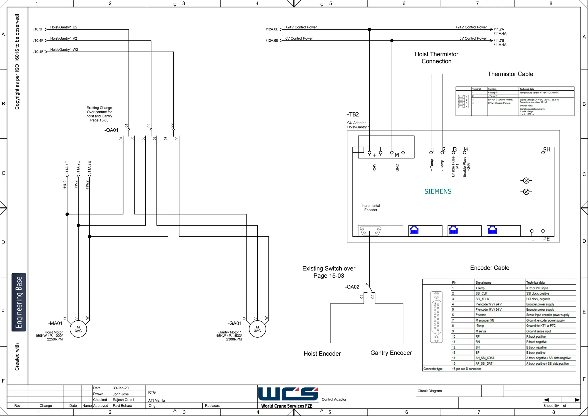 1 2 3 4 5 6 7 8
F
E
D
C
B
A
Rev. Change Date Name Orig. Sheet
Date
Drawn
Checked
Approved Replaces
Copyright
as
per
ISO
16016
to
be
observed!
Created
with
30-Jan-20
John Jose
Rajesh Ommi
Ravi Behara
Control Adaptor
RTG
ATI Manila
10A
A
B
C
D
E
F
1 2 3 4 5 6 7 8
Circuit Diagram
of
SIEMENS
Incremental
Encoder
+
Temp
-
Temp
Enable
Pulse
M1
Enable
Pluse
+24V
+24V
GND
PE
SH
.
+ M
1 2 3 4
-TB2
CU Adaptor
Hoist/Gantry 1
-QA01
01
04
05
02
06
03
03
08
09
3AC
M
-MA01
Hoist Motor
150KW 4P, 1000/
2250RPM
W
V
U
H1U2
/11A.1E
H1V2
/11A.2E
H1W2
/11A.2E
3AC
M
-GA01
Gantry Motor 1
45KW 4P, 1533/
2300RPM
W
V
U
Existing Change
Over contact for
hoist and Gantry
Page 15-03
Encoder Cable
+24V Control Power
/12A.6B
0V Control Power
/12A.6B
Hoist Thermistor
Connection
Hoist/Gantry1 U2
/10.3F
Hoist/Gantry1 V2
/10.4F
Hoist/Gantry1 W2
/10.4F
-QA02
01
04
02
Hoist Encoder Gantry Encoder
Existing Switch over
Page 15-03
Thermistor Cable
/11.7A
/11A.4A
+24V Control Power
/11.7B
/11A.4A
0V Control Power
 