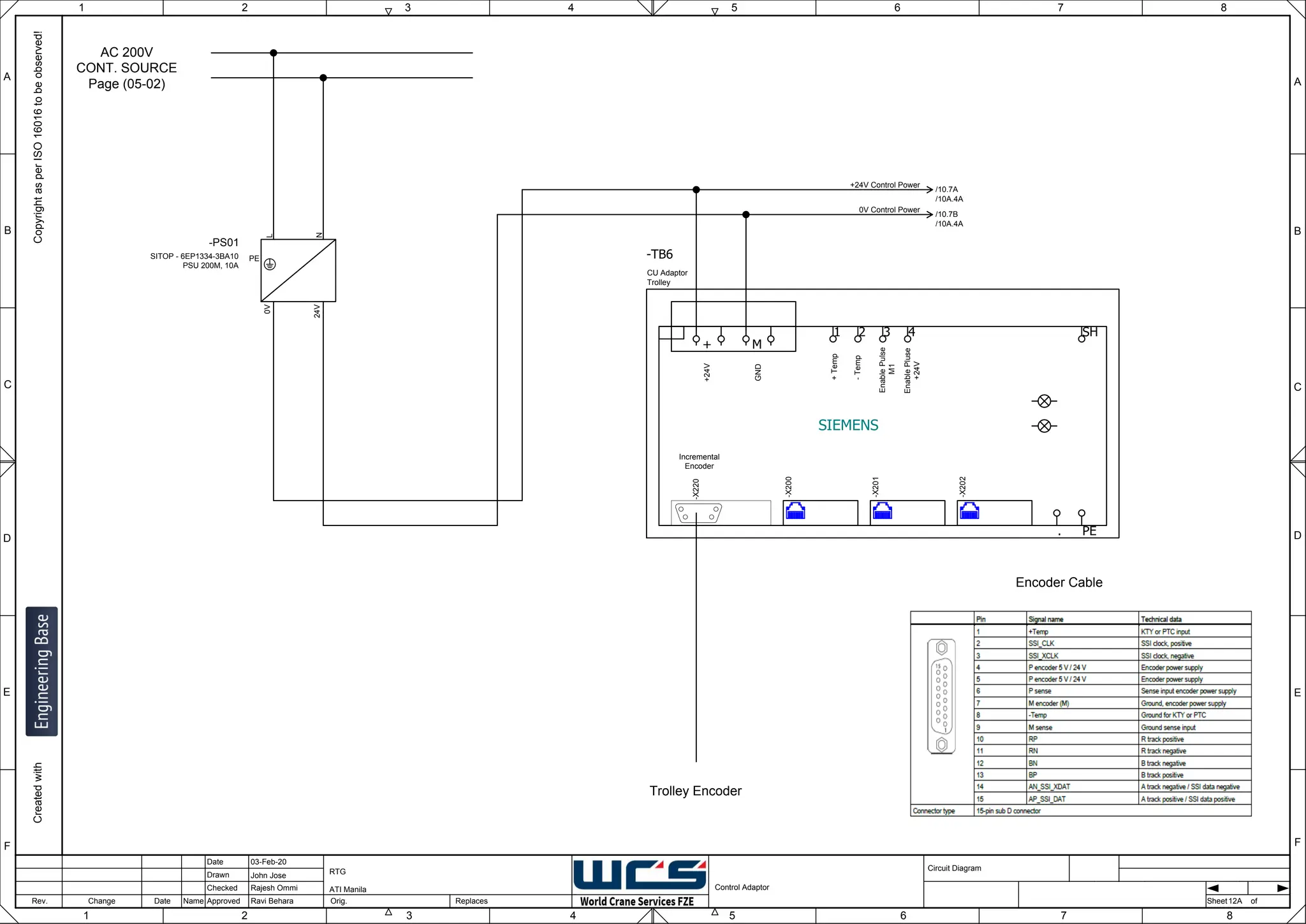 1 2 3 4 5 6 7 8
F
E
D
C
B
A
Rev. Change Date Name Orig. Sheet
Date
Drawn
Checked
Approved Replaces
Copyright
as
per
ISO
16016
to
be
observed!
Created
with
03-Feb-20
John Jose
Rajesh Ommi
Ravi Behara
Control Adaptor
RTG
ATI Manila
12A
A
B
C
D
E
F
1 2 3 4 5 6 7 8
Circuit Diagram
of
SIEMENS
Incremental
Encoder
+
Temp
-
Temp
Enable
Pulse
M1
Enable
Pluse
+24V
+24V
GND
PE
SH
.
+ M
1 2 3 4
-TB6
-X200
-X201
-X202
CU Adaptor
Trolley
-X220
Encoder Cable
Trolley Encoder
L
N
-PS01
SITOP - 6EP1334-3BA10
PSU 200M, 10A 0V
24V
PE
AC 200V
CONT. SOURCE
Page (05-02)
/10.7A
/10A.4A
+24V Control Power
/10.7B
/10A.4A
0V Control Power
 