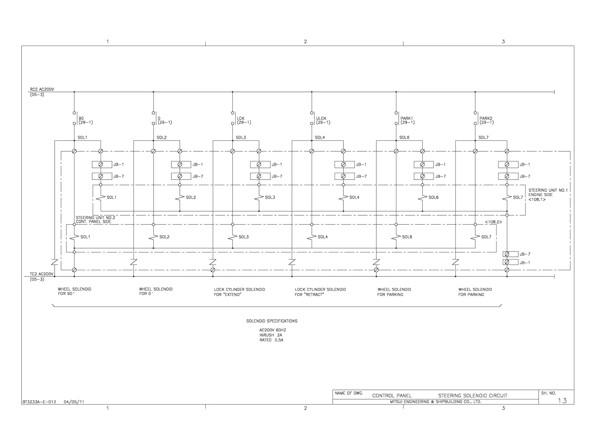 I 2 I 3
RC2 AC200V
(05-3)
I (29-1)
'
'I '
I90 I LCK ULCK I PARK1 I PARK2
(29-1)
'
(29-1) )I (29-1) (29-1)
'
{29-1}
SOL1 SOL2 SOL3 SOL4 SOLS SOL?
I
---{
,,_____ - - ---( }- - ---{ }-------~---{ ')-- - ---{ -~----- - - - - - - - - ---( }- - ---{ }-------~
----,
c LJJB-1 c LJJB-1 I I JB-1 c LJJB-1 c LJJB-1 I I JB-1
[IOJB-7 [IDJB-7 I I JB- 7 [IDJB-7 [IDJB-7 I
' I JB-7
I
- - - - - - ~ - - - - - - - - - - - - - c---- - - - - - - ~ -- ~-- -------<
~S:LJ STEERING UNIT N0.1
>soL1 ISOL2 ISOL3 ISOL4 ISOL6 ENGINE SIDE
' '
<10B.1>
L____ ~-J
STEERING UNIT N0.2
- - - ~--------- - - - - - - - - - - - - - - - - ~----------- - - - r - - - - - - - - - - - ~-- --------<
CONT. PANEL SIDE <10B.2>
- -
I<
- - - - - - - - - - - - - - - - - - - - - - - - - - - - - - - - - - - - - - - - -
l
'.:>- SOL1
<
>SOL2 lSOL3 tSOL4 <
>- SOL6 lSOL7 1
L) - - - - - - - - - - - - - - - - - - - - - - - - - - - - - - - - - - - - - - - - - - - - - - - - - - - - - - - - - - - - - - - - - - - - - ~---_J DLJJB-7
-71 - 7 -7 -7 -, -7
DLJJB-_1____ _J
L
- + L_
L_
-------t--
TC2 AC200f
- - - - - - - - - - - - - - - - - - - - - - - - - - - - - - - - - - - - - - - - - - - - -
(05-3)
WHEEL SOLENOID WHEEL SOLENOID LOCK CYLINDER SOLENOID LOCK CYLINDER SOLENOID WHEEL SOLENOID WHEEL SOLENOID
FOR 90. FOR 0. FOR "EXTEND" FOR "RETRACT" FOR PARKING FOR PARKING
SOLENOID SPECIFICATIONS
AC200V 60HZ
INRUSH 2A
RATED 0.5A
I NAME OF DWG.
CONTROL PANEL STEERING SOLENOID CIRCUIT
I SH, NO,
BT3233A-E-D13 D4/05/11 I MITSUI ENGINEERING & SHIPBUILDING CO., LTD. I 1 3
I 2 I 3
 