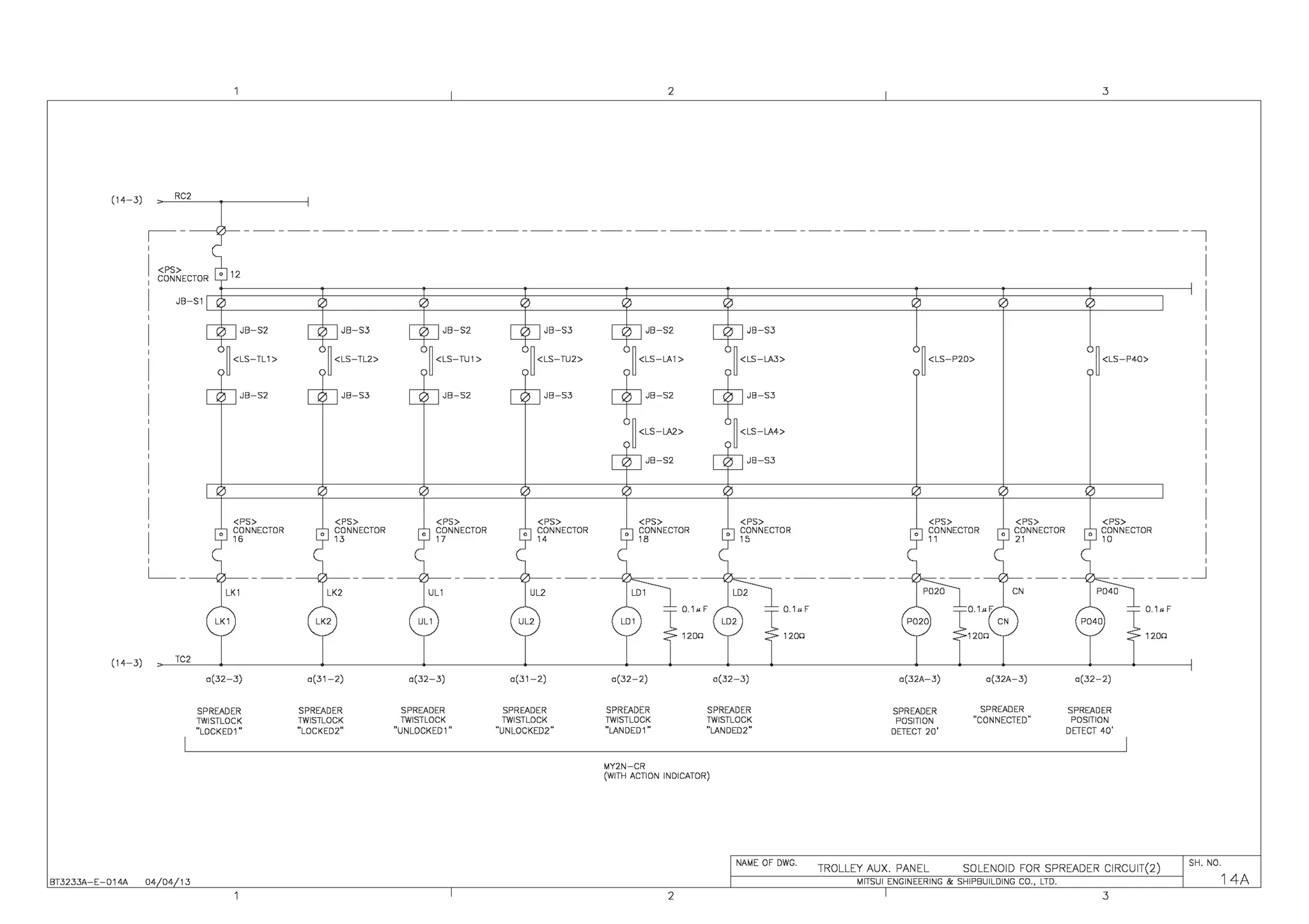 2 3
(14-3) RC2
,----- - - - - - - - - - - - - - - - - - - - - - - - - - - - - - - - - - - - - - - - - - - - - - - - - - - - - - - - ,
(14-3)
<PS>
CONNECTOR
JB-S1
JB-S2
JB-52
TC2
a(32-3)
SPREADER
TWISTLOCK
"LOCKED1"
BT3233A-E-D14A 04 04 13
JB-S3
~ <LS-TL2>
JB-53
<PS>
CONNECTOR
13
a(31-2)
SPREADER
TWISTLOCK
"LOCKED2"
JB-S2
~<LS-TU1>
JB-52
<PS>
CONNECTOR
17
a(32-3)
SPREADER
TWISTLOCK
"UNLOCKED1"
JB-S3
~ <LS-TU2>
JB-53
<PS>
CONNECTOR
14
UL2
UL2
a(31-2)
SPREADER
TWISTLOCK
"UNLOCKED2"
JB-S2 JB-S3
~ <LS-LA1 > ~ <LS-LA3>
cfJB-S2 cfJB-S3
~ <LS-LA2> ~ <LS-LA4>
JB-53
0_ 1,, F
120D
a(32-2) a(32-3)
SPREADER SPREADER
TWISTLOCK TWISTLOCK
"LANDED1" "LANDED2"
MY2N-CR
(WITH ACTION INDICATOR)
NAME OF DWG.
2
~ <LS-P20>
<PS>
CONNECTOR
11
a(32A-3) a(32A-3)
SPREADER
POSITION
DETECT 20'
SPREADER
"CONNECTED"
~ <LS-P40>
a(32-2)
SPREADER
POSITION
DETECT 40'
_____ _J
Q_ 1" F
120D
TROLLEY AUX. PANEL SOLENOID FOR SPREADER CIRCUIT(2)
SH. NO.
MITSUI ENGINEERING & SHIPBUILDING CO., LTD.
3
14A
 