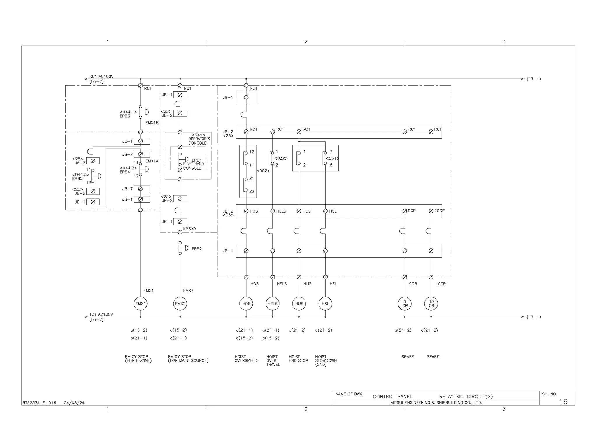 2 3
RC1 AC100V
(17-1)
(05-2)
-----------------------,
,-------
'
I
'
I
~----------
1
- - - - , - RC1
i JB-1 [ J
'
I
'i JB-2
<25>~-t----t----t=======:-----------------~
'
I <25>
I JB-2
I
'
I <25>
1
JB-2
LJ~--'_ ------JB-1
EPB2
JB-1
L__ - - - - - - - - - -
HOS HELS HUS HSL
EMX1 EMX2
EMX1 EMX2 HOS HELS HUS HSL
(17-1)
TC1 AC100V
(05-2)
a(15-2) a(15-2) a(21-1) a(21-1) a(21-2) a(21-2) a(21-2) <i(21-2)
a(21-1) a(21-1) a(15-2) a(15-2)
EM'CY STOP EM'CY STOP HOIST HOIST HOIST HOIST SPARE SPARE
(FOR ENGINE) (FOR MAIN. SOURCE) OVERSPEED OVER END STOP SLOWDOWN
TRAVEL (2ND)
SH. NO.
NAME OF DWG.
CONTROL PANEL RELAY SIG. CIRCUIT(2)
1 6
04 08 24 MITSUI ENGINEERING & SHIPBUILDING CO., LTD.
BT3233A-E-016
2 3
 