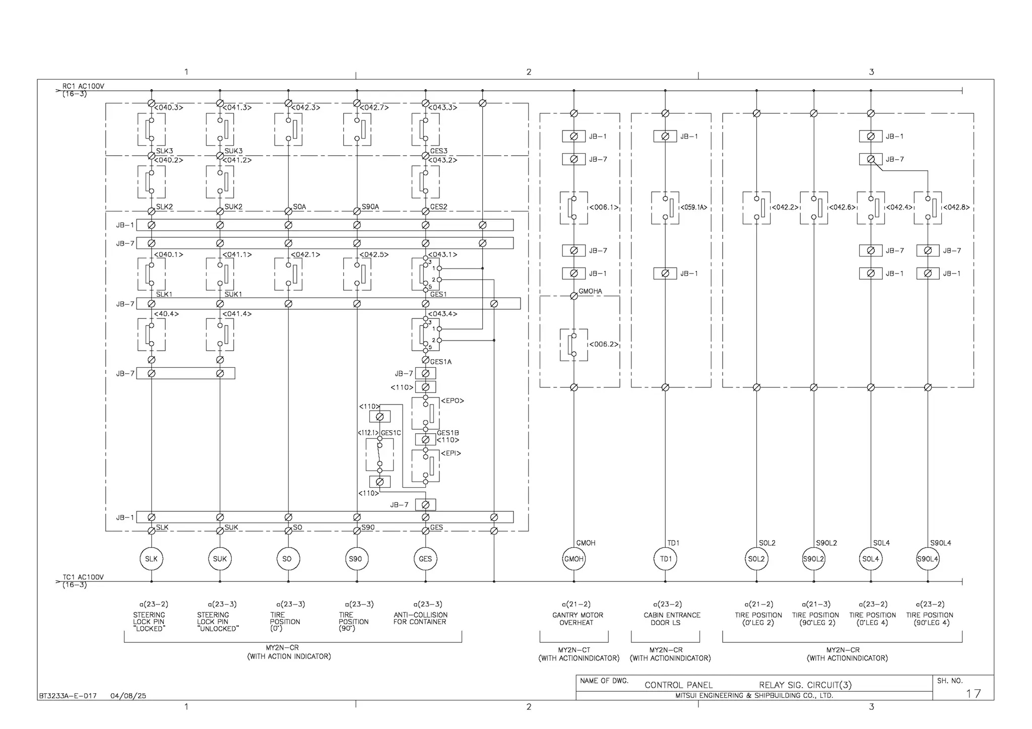 16-3
a(23-2)
STEERING
LOCK PIN
"LOCKED"
BT3233A-E-017 04 08 25
a(23-3)
STEERING
LOCK PIN
"UNLOCKED"
0(23-3)
TIRE
POSITION
(O")
MY2N-CR
(WITH ACTION INDICATOR)
0(23-3)
TIRE
POSITION
(90")
a(23-3)
ANTI-COLLISION
FOR CONTAINER
2
3
,--- ---, ,--- ----,
JB-1
JB-7
I :;-i
1 ~ 1<059.1A>
L :'J
JB-1
,-
'
I
'
I
L_ _ _J L_ - _J L - ---{,'>--- ---vi--_J
GMOH
GMOH
0(21-2)
GANTRY MOTOR
OVERHEAT
TOI
TDI
0(23-2)
CABIN ENTRANCE
DOOR LS
MY2N-CT MY2N-CR
(WITH ACTIONINDICATOR) (WITH ACTIONINDICATOR)
NAME OF DWG.
CONTROL PANEL
SOL2
SDL2
S90L2
S90L2
SOL4
SOL4
S90L4
S90L4
0(21-2) a(21-3) 0(23-2) 0(23-2)
TIRE POSITION TIRE POSITION TIRE POSITION TIRE POSITION
w=~ ~=~ w=~ ~·=~
MY2N-CR
(WITH ACTIONINDICATOR)
RELAY SIG. CIRCUIT(3)
SH. NO.
MITSUI ENGINEERING & SHIPBUILDING CO., LTD.
3
1 7
 