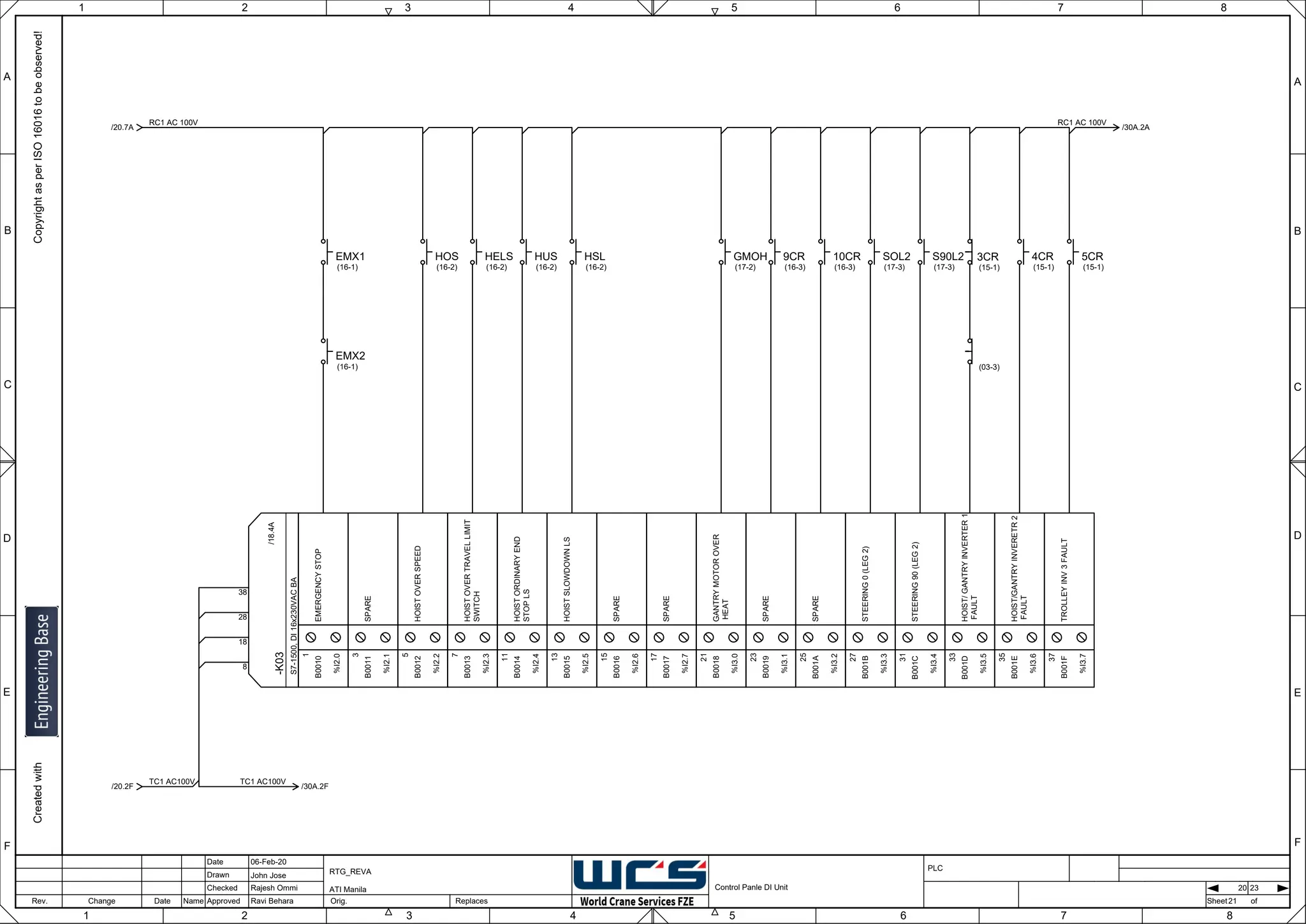 1 2 3 4 5 6 7 8
F
E
D
C
B
A
Rev. Change Date Name Orig. Sheet
Date
Drawn
Checked
Approved Replaces
Copyright
as
per
ISO
16016
to
be
observed!
Created
with
06-Feb-20
John Jose
Rajesh Ommi
Ravi Behara
Control Panle DI Unit
RTG_REVA
ATI Manila
21
A
B
C
D
E
F
1 2 3 4 5 6 7 8
PLC
of
20 23
-K03
S7-1500,
DI
16x230VAC
BA
8
18
28
38
/18.4A
EMERGENCY
STOP
1
B0010
%I2.0
SPARE
3
B0011
%I2.1
HOIST
OVER
SPEED
5
B0012
%I2.2
HOIST
OVER
TRAVEL
LIMIT
SWITCH
7
B0013
%I2.3
HOIST
ORDINARY
END
STOP
LS
11
B0014
%I2.4
HOIST
SLOWDOWN
LS
13
B0015
%I2.5
SPARE
15
B0016
%I2.6
SPARE
17
B0017
%I2.7
GANTRY
MOTOR
OVER
HEAT
21
B0018
%I3.0
SPARE
23
B0019
%I3.1
SPARE
25
B001A
%I3.2
STEERING
0
(LEG
2)
27
B001B
%I3.3
STEERING
90
(LEG
2)
31
B001C
%I3.4
HOIST/
GANTRY
INVERTER
1
FAULT
33
B001D
%I3.5
HOIST/GANTRY
INVERETR
2
FAULT
35
B001E
%I3.6
TROLLEY
INV
3
FAULT
37
B001F
%I3.7
(03-3)
EMX1
(16-1)
RC1 AC 100V
/20.7A /30A.2A
RC1 AC 100V
HOS
(16-2)
HELS
(16-2)
HUS
(16-2)
HSL
(16-2)
GMOH
(17-2)
4CR
(15-1)
5CR
(15-1)
SOL2
(17-3)
S90L2
(17-3)
3CR
(15-1)
TC1 AC100V
/20.2F
EMX2
(16-1)
9CR
(16-3)
10CR
(16-3)
/30A.2F
TC1 AC100V
 