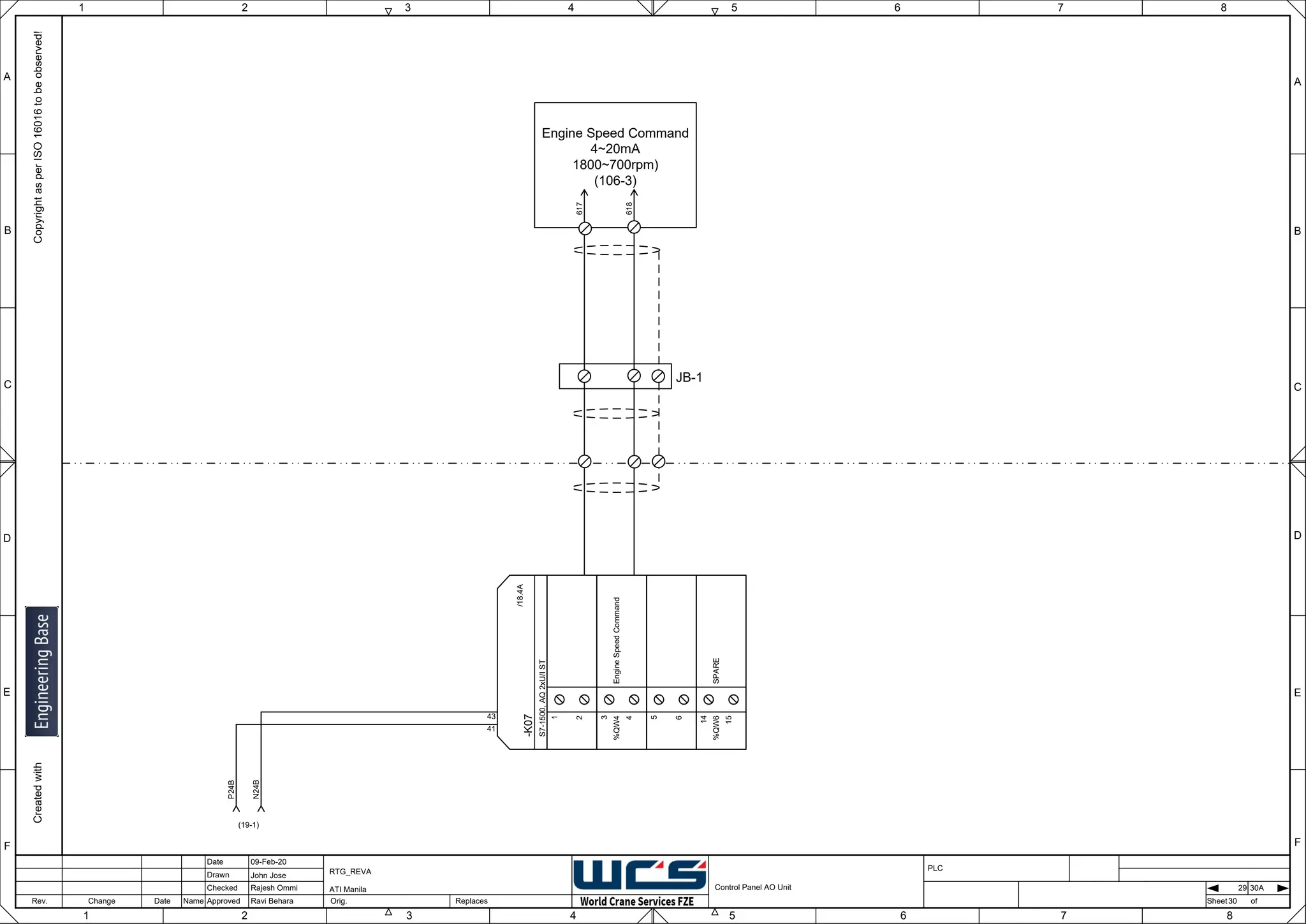 1 2 3 4 5 6 7 8
F
E
D
C
B
A
Rev. Change Date Name Orig. Sheet
Date
Drawn
Checked
Approved Replaces
Copyright
as
per
ISO
16016
to
be
observed!
Created
with
09-Feb-20
John Jose
Rajesh Ommi
Ravi Behara
Control Panel AO Unit
RTG_REVA
ATI Manila
30
A
B
C
D
E
F
1 2 3 4 5 6 7 8
PLC
of
29 30A
-K07
S7-1500,
AQ
2xU/I
ST
41
43
/18.4A
1
2
Engine
Speed
Command
3
4
%QW4
5
6
SPARE
14
15
%QW6
Engine Speed Command
4~20mA
1800~700rpm)
(106-3)
JB-1
617
618
N24B
P24B
(19-1)
 