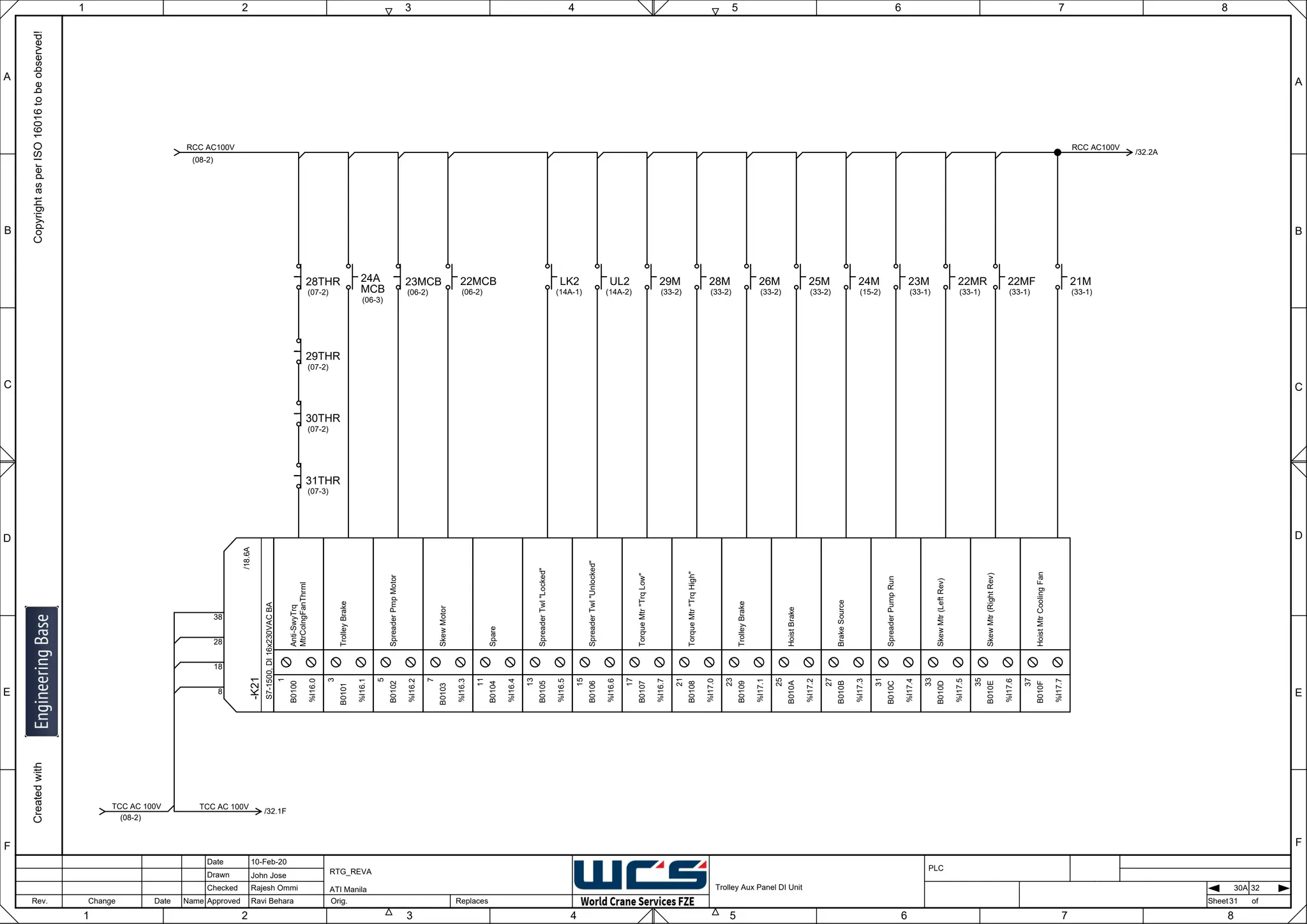 1 2 3 4 5 6 7 8
F
E
D
C
B
A
Rev. Change Date Name Orig. Sheet
Date
Drawn
Checked
Approved Replaces
Copyright
as
per
ISO
16016
to
be
observed!
Created
with
10-Feb-20
John Jose
Rajesh Ommi
Ravi Behara
Trolley Aux Panel DI Unit
RTG_REVA
ATI Manila
31
A
B
C
D
E
F
1 2 3 4 5 6 7 8
PLC
of
30A 32
-K21
S7-1500,
DI
16x230VAC
BA
8
18
28
38
/18.6A
Anti-SwyTrq
MtrColngFanThrml
1
B0100
%I16.0
Trolley
Brake
3
B0101
%I16.1
Spreader
Pmp
Motor
5
B0102
%I16.2
Skew
Motor
7
B0103
%I16.3
Spare
11
B0104
%I16.4
Spreader
Twl
"Locked"
13
B0105
%I16.5
Spreader
Twl
"Unlocked"
15
B0106
%I16.6
Torque
Mtr
"Trq
Low"
17
B0107
%I16.7
Torque
Mtr
"Trq
High"
21
B0108
%I17.0
Trolley
Brake
23
B0109
%I17.1
Hoist
Brake
25
B010A
%I17.2
Brake
Source
27
B010B
%I17.3
Spreader
Pump
Run
31
B010C
%I17.4
Skew
Mtr
(Left
Rev)
33
B010D
%I17.5
Skew
Mtr
(Right
Rev)
35
B010E
%I17.6
Hoist
Mtr
Cooling
Fan
37
B010F
%I17.7
21M
(33-1)
RCC AC100V
/32.2A
RCC AC100V
22MF
(33-1)
22MR
(33-1)
23M
(33-1)
24M
(15-2)
25M
(33-2)
28M
(33-2)
29M
(33-2)
UL2
(14A-2)
LK2
(14A-1)
22MCB
(06-2)
23MCB
(06-2)
TCC AC 100V
/32.1F
TCC AC 100V
26M
(33-2)
24A
MCB
(06-3)
28THR
(07-2)
29THR
(07-2)
30THR
(07-2)
31THR
(07-3)
(08-2)
(08-2)
 