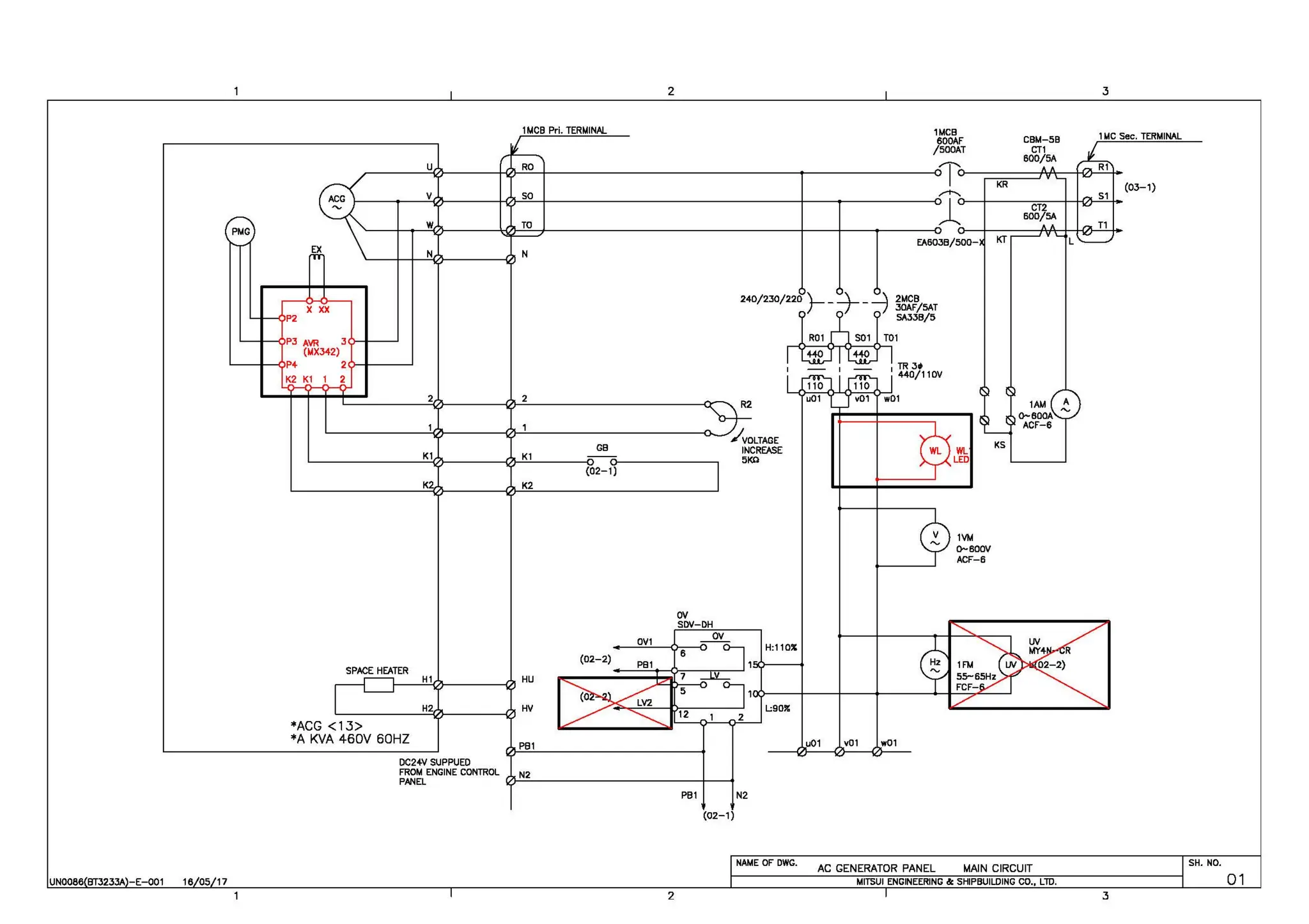 ~
'- ...-
- ---<
UN0086 BT3233A -E-001 1e 05 17
2 3
1MCB Pri. TERMINAL
)f-~
1MCB lMC Sec. TERMINAL
600AF CBM-58
u RO
ACG v so
"'
w TO
-~
M N N
x xx
lP2
P3 AVR 3
(MX342)
P'4- 2
K2 K1 1 2
T
2 2
/500AT
-T
............
- -
x
EA603B/500-~
Cl ' ,,
240/230/220 )-- _ ;3--_3 2MCB
ff~
I
I rJJT"-i 1' ,-'lT'- 1' ~0
3
/11OV
l110l 1110,
u01 lJ v01 w01
CT1
' !R1'
600/5A
A A
y '-- ~
KR
,..,. S1
CT2 ~
600/ 5A
A A ,..,. T1
KT____, v '--
L-.::____..
1 1 ~
~------~'1-------<n----------------<-.J.-.//..lvoLTAGE
$~
1<1 1<1
1<2. 1<2
SPACE HEATER
r----cJ1----H-<1~----1/1 HU
l._______""H"'2V>-----</l HV
*ACG <13>
*A KVA 460V 60HZ PBl
DC2'4-V SUPPUED
FROM ENGINE CONTROL N2
GB
=---=
{02-1)
OV1
(02-2)
rJI/
SrJl/-DH
I
INCREASE
51«>
---~
~~or:rv
y ACF-6
t---~
PB1 s - ovl150--H_=_11_0_"_. ¢:K
~~-2}R
~---::::::1:;:?71,--~_..L'i_~~ 55- 65Hz
-..........__ . ~ ~ 0---, 1UJ-----+---+---+----+-+-FC-
....-
F
~
-~~
(O~V2 I ......
~ ~ 12 1 2 l.;90!1: ~----------
u01 v01 w01
PANEL V>---------------i-__,
PBl N2
(02-1)
NAME OF DWG.
AC GENERATOR PANEL MAIN CIRCUIT
MITSUI ENGINEERING &: SHIPBUILDING CO., LlD.
2 3
(03-1)
SH. NO.
01
 