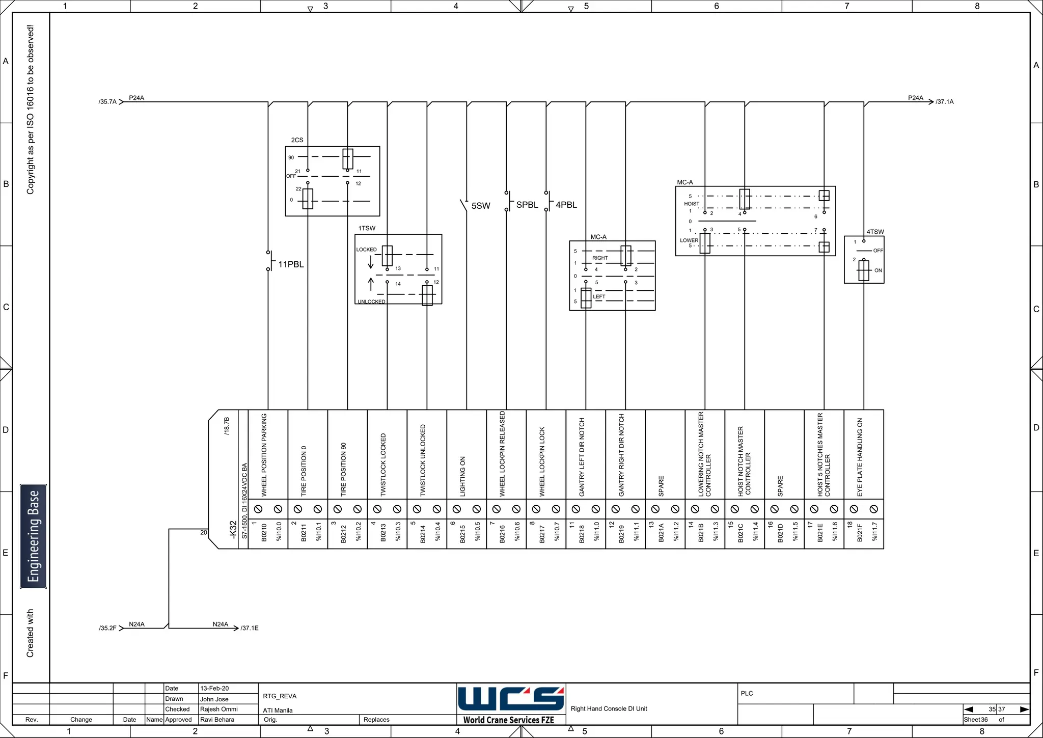 1 2 3 4 5 6 7 8
F
E
D
C
B
A
Rev. Change Date Name Orig. Sheet
Date
Drawn
Checked
Approved Replaces
Copyright
as
per
ISO
16016
to
be
observed!
Created
with
13-Feb-20
John Jose
Rajesh Ommi
Ravi Behara
Right Hand Console DI Unit
RTG_REVA
ATI Manila
36
A
B
C
D
E
F
1 2 3 4 5 6 7 8
PLC
of
35 37
-K32
S7-1500,
DI
16X24VDC
BA
20
/18.7B
WHEEL
POSITION
PARKING
1
B0210
%I10.0
TIRE
POSITION
0
2
B0211
%I10.1
TIRE
POSITION
90
3
B0212
%I10.2
TWISTLOCK
LOCKED
4
B0213
%I10.3
TWISTLOCK
UNLOCKED
5
B0214
%I10.4
LIGHTING
ON
6
B0215
%I10.5
WHEEL
LOCKPIN
RELEASED
7
B0216
%I10.6
WHEEL
LOCKPIN
LOCK
8
B0217
%I10.7
GANTRY
LEFT
DIR
NOTCH
11
B0218
%I11.0
GANTRY
RIGHT
DIR
NOTCH
12
B0219
%I11.1
SPARE
13
B021A
%I11.2
LOWERING
NOTCH
MASTER
CONTROLLER
14
B021B
%I11.3
HOIST
NOTCH
MASTER
CONTROLLER
15
B021C
%I11.4
SPARE
16
B021D
%I11.5
HOIST
5
NOTCHES
MASTER
CONTROLLER
17
B021E
%I11.6
EYE
PLATE
HANDLING
ON
18
B021F
%I11.7
P24A
/35.7A /37.1A
P24A
4PBL
SPBL
N24A
/35.2F /37.1E
N24A
OFF
ON
1
2
4TSW
MC-A
5
1
0
1
5
HOIST
LOWER
2
3
4
5
6
7
1TSW
UNLOCKED
5SW
LOCKED
LEFT
RIGHT
5
1
0
1
5
MC-A
2
3
4
5
2CS
21
22
11
12
11PBL
90
OFF
0
13
14
11
12
 
