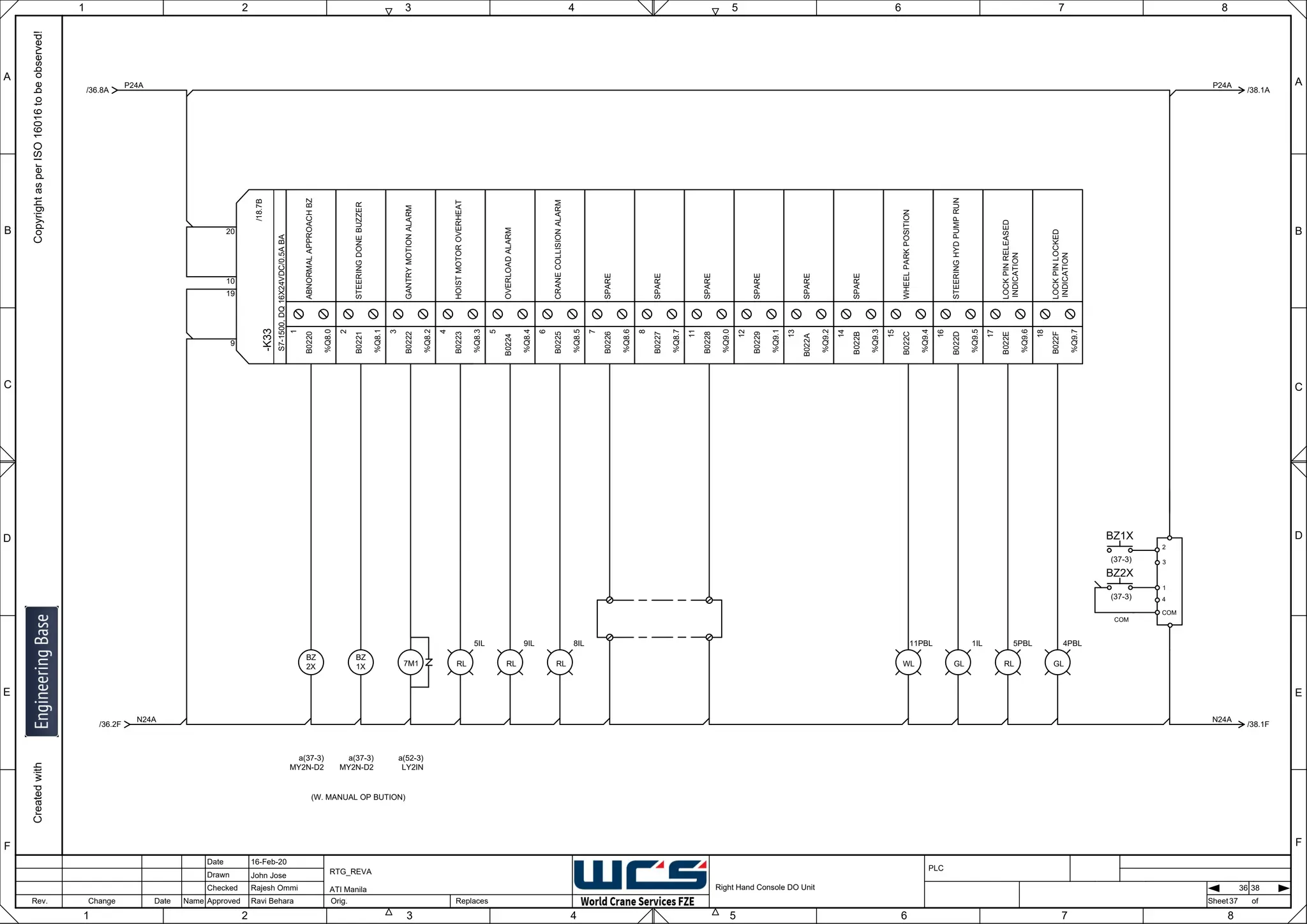 1 2 3 4 5 6 7 8
F
E
D
C
B
A
Rev. Change Date Name Orig. Sheet
Date
Drawn
Checked
Approved Replaces
Copyright
as
per
ISO
16016
to
be
observed!
Created
with
16-Feb-20
John Jose
Rajesh Ommi
Ravi Behara
Right Hand Console DO Unit
RTG_REVA
ATI Manila
37
A
B
C
D
E
F
1 2 3 4 5 6 7 8
PLC
of
36 38
-K33
S7-1500,
DQ
16X24VDC/0.5A
BA
9
19
10
/18.7B
20
ABNORMAL
APPROACH
BZ
1
B0220
%Q8.0
STEERING
DONE
BUZZER
2
B0221
%Q8.1
GANTRY
MOTION
ALARM
3
B0222
%Q8.2
HOIST
MOTOR
OVERHEAT
4
B0223
%Q8.3
OVERLOAD
ALARM
5
B0224
%Q8.4
CRANE
COLLISION
ALARM
6
B0225
%Q8.5
SPARE
7
B0226
%Q8.6
SPARE
8
B0227
%Q8.7
SPARE
11
B0228
%Q9.0
SPARE
12
B0229
%Q9.1
SPARE
13
B022A
%Q9.2
SPARE
14
B022B
%Q9.3
WHEEL
PARK
POSITION
15
B022C
%Q9.4
STEERING
HYD
PUMP
RUN
16
B022D
%Q9.5
LOCK
PIN
RELEASED
INDICATION
17
B022E
%Q9.6
LOCK
PIN
LOCKED
INDICATION
18
B022F
%Q9.7
P24A
/36.8A
N24A
/36.2F
/38.1A
P24A
/38.1F
N24A
GL
4PBL
7M1
a(52-3)
LY2IN
BZ
1X
a(37-3)
MY2N-D2
RL
5PBL
GL
1IL
WL
11PBL
RL
8IL
RL
9IL
RL
5IL
BZ
2X
a(37-3)
MY2N-D2
BZ1X
(37-3)
BZ2X
(37-3)
2
3
1
4
COM
COM
(W. MANUAL OP BUTION)
 