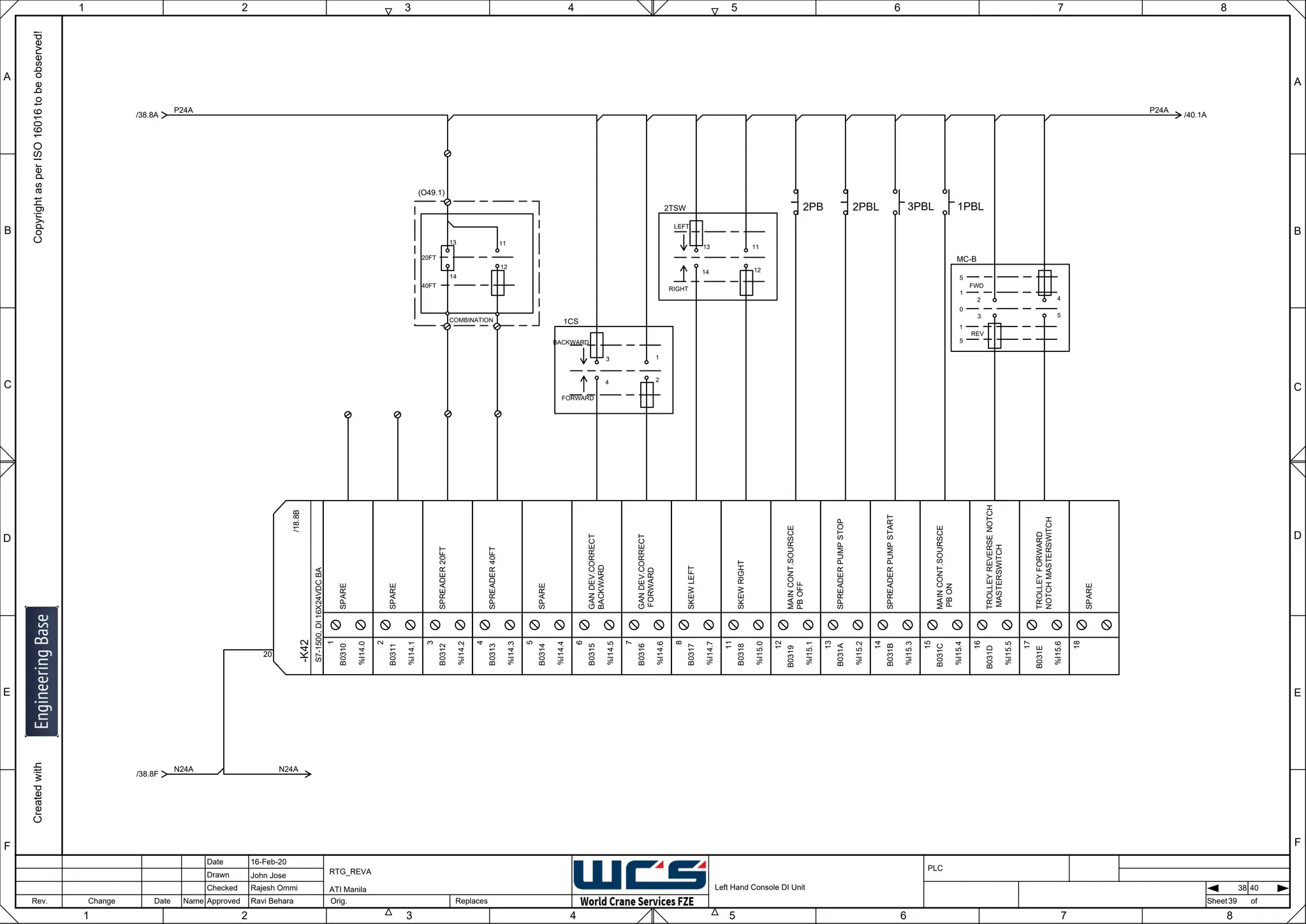1 2 3 4 5 6 7 8
F
E
D
C
B
A
Rev. Change Date Name Orig. Sheet
Date
Drawn
Checked
Approved Replaces
Copyright
as
per
ISO
16016
to
be
observed!
Created
with
16-Feb-20
John Jose
Rajesh Ommi
Ravi Behara
Left Hand Console DI Unit
RTG_REVA
ATI Manila
39
A
B
C
D
E
F
1 2 3 4 5 6 7 8
PLC
of
38 40
-K42
S7-1500,
DI
16X24VDC
BA
20
/18.8B
SPARE
1
B0310
%I14.0
SPARE
2
B0311
%I14.1
SPREADER
20FT
3
B0312
%I14.2
SPREADER
40FT
4
B0313
%I14.3
SPARE
5
B0314
%I14.4
GAN
DEV.CORRECT
BACKWARD
6
B0315
%I14.5
GAN
DEV.CORRECT
FORWARD
7
B0316
%I14.6
SKEW
LEFT
8
B0317
%I14.7
SKEW
RIGHT
11
B0318
%I15.0
MAIN
CONT.SOURSCE
PB
OFF
12
B0319
%I15.1
SPREADER
PUMP
STOP
13
B031A
%I15.2
SPREADER
PUMP
START
14
B031B
%I15.3
MAIN
CONT.SOURSCE
PB
ON
15
B031C
%I15.4
TROLLEY
REVERSE
NOTCH
MASTERSWITCH
16
B031D
%I15.5
TROLLEY
FORWARD
NOTCH
MASTERSWITCH
17
B031E
%I15.6
SPARE
18
P24A
/38.8A /40.1A
P24A
1PBL
3PBL
N24A
/38.8F
N24A
2TSW
RIGHT
LEFT
REV
FWD
5
1
0
1
5
MC-B
4
5
2
3
40FT
20FT
(O49.1)
13
14
11
12
2PBL
2PB
1CS
FORWARD
BACKWARD
COMBINATION
13
14 12
11
3
4
1
2
 