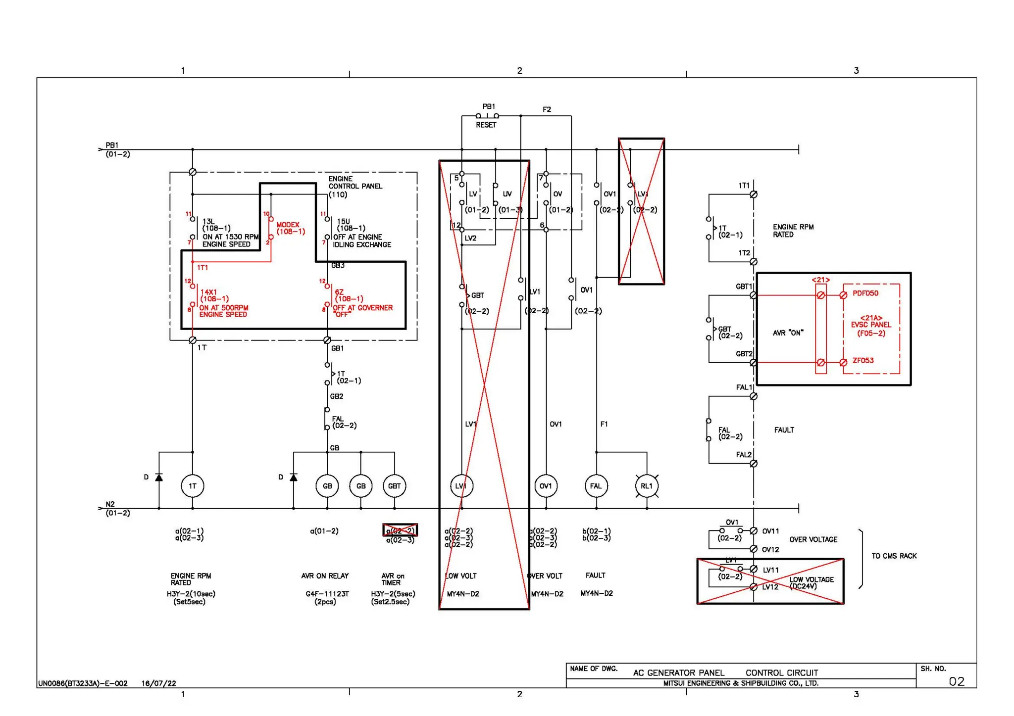 2 3
P81 F2
RESIT
PB1
(01-2)
- - - - - - - - - - - - - ENGINE-- - - - - ,
lov1
n
CONTROL PANEL 1
(110)
I
11 10 11 I
(02- )
I1JL MOOEX
I
cw
{108-1) ENGINE RPM
ON AT 1530 RPM
(108-1)
RATED
ENGINE SPEED I
I
T2
1T1 I
12 12
I 1~1
I
GBT1
P~F050 -1
I1+X1 I6Z
(108-1) {10B-1) I
ON AT 500RPM OFF AT GOVERNER
I (02- )
ENGINE SPEED "OFF"
<21A>
I EVSC PANEL
_____:__J ~GBT AVR "ON" (F05- 2)
---------- (02-2)
1T G81
GBT2 I
~1T z~~-J
(02-1)
G82
FAL
(02-2) OV1 F1
FAL FAULT
(02-2)
GB
FAL2
D D
N2
(01-2)
'i1'
_Qyl_
a~02-1 l a(Ol-2) bf02-1l
l
a 02-3 b 02-3
TO Ct.15 RACK
ENGINE RPM AVR ON RELAY AVR on FAULT
RATED TIMER
HJY-2(10sec) G+F-1112JT HJY-2(5sec) MY+N-02 MY4N-D2
(Set5sec) (2pcs) (Set2.5sec)
NAME OF DWG.
AC GENERATOR PANEL CONTROL CIRCUIT
SH. NO.
UN0086 BTJ2JJA -E-002 1e 07 22 MITSUI ENGINEERING &: SHIPBUILDING CD., LTD. 02
2 3
 