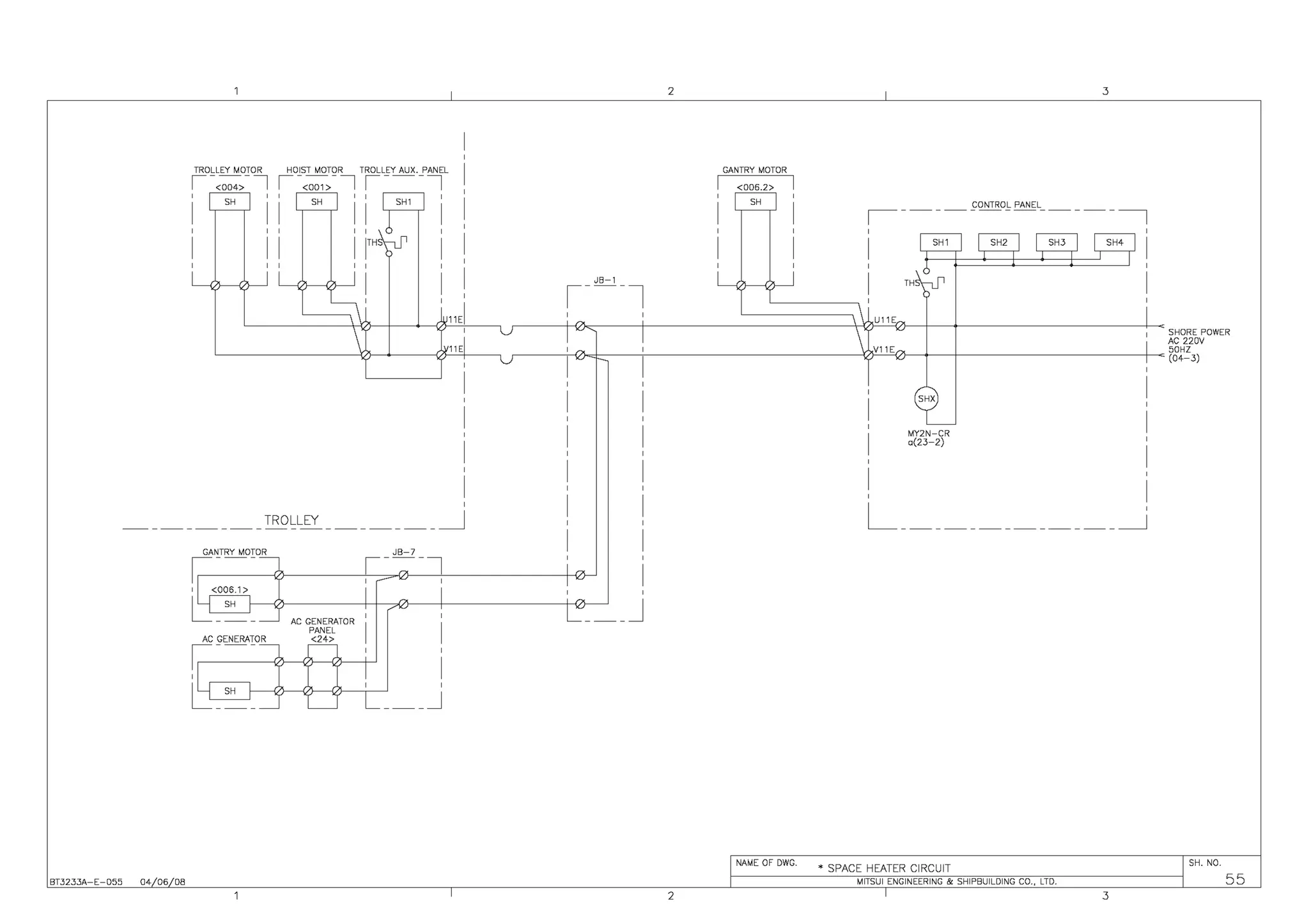 BT3233A-E-055
TROLLEY MOTOR HOIST MOTOR TROLLEY AUX. PANEL
1-'°o'>-I 1-<001>-1 1---1
'
11 11
' ' ' '
11
I ITH
' '
I
11E
~-------TROLLEY _______ _j
GANTRY MOTOR
1,---
1 <006.1>
Lj_ SH
AC GENERATOR
1,---
,
Lj_ SH
04 06 08
AC GENERATOR
PANEL
<24>
___ _J
2 3
GANTRY MOTOR
I <006.2>
CONTROL PANEL
1-------------,
' '
I I
' '
I TH I
U11E
SHORE POWER
AC 220V
~~~~~~~~~--j~~~~~~~~~~~~~~~~~V~1~1~E{)~-+-~-+~~~~~~~~~~~~~--J~f3:!
3)
___J
NAME OF DWG.
2
SHX
MY2N-CR
a(23-2)
I
'
I
'
I
I ,
, I
L ______________j
* SPACE HEATER CIRCUIT
MITSUI ENGINEERING & SHIPBUILDING CO., LTD.
3
SH. NO.
55
 