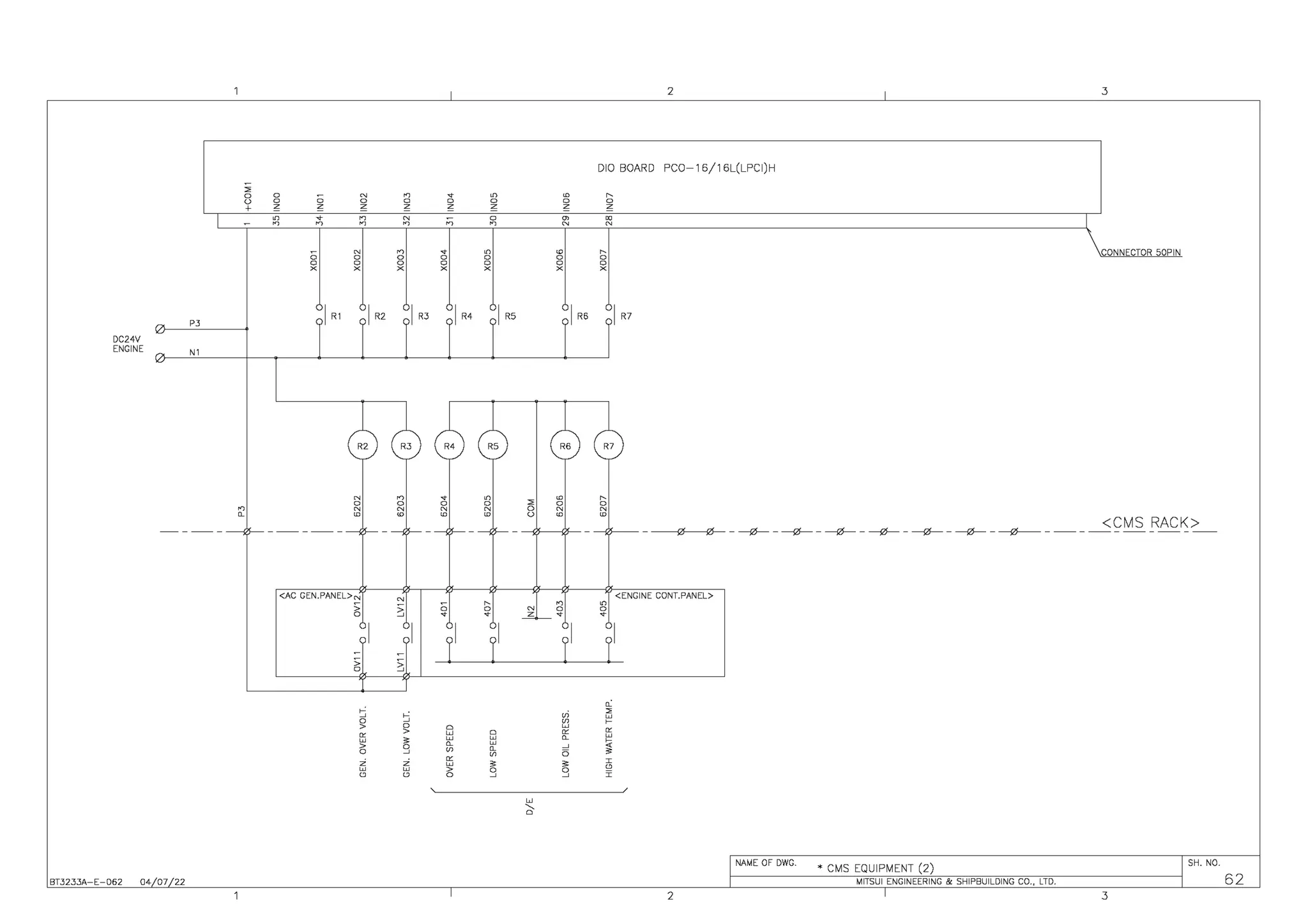DC24V
ENGINE
BT3233A-E-062 04 07 22
"
0
0
+
P3
N1
0
0
0
' '
~ ~
0
0
x
I R1
N
0
'~
N
0
0
x
R2
N
0
~
<AC GEN.PANEL>N
;
0
;
0
~
0
>
~
>
0
~
0
n •
0 0
' '
~ ;;;
n •
0 0
0 0
x x
I R2 I R3
R3 R4
N
~ 0
•
~
~
0 0
>
~
•
g "
ITT
~ ~
>
0 0
ITT
0
'~
ITT
0
0
x
I R4 I R5
R5
'0
•
§
"
ITT
•
g
2
0
0
N
z
w
'0
0
0
0
x
R6
n
0
•
~
~
"
"
~
0
•
g
2 3
DIO BOARD PC0-16/16L(LPCl)H
8 CONNECTOR 50PIN
0
x
I R6 I R7
R7
<CMS RACK>
---<~- - -------0------- - -----0'- - -----0'- - -----0'- - -----0'- - -----0'- - -----0'- - -----0------- - -- - -- - -- - -- - - -
<ENGINE CONT.PANEL>
ITT
0
•
"
0
r
"
~
•
I
"
I
NAME OF DWG.
* CMS EQUIPMENT (2)
SH. NO.
MITSUI ENGINEERING & SHIPBUILDING CO., LTD.
2 3
62
 