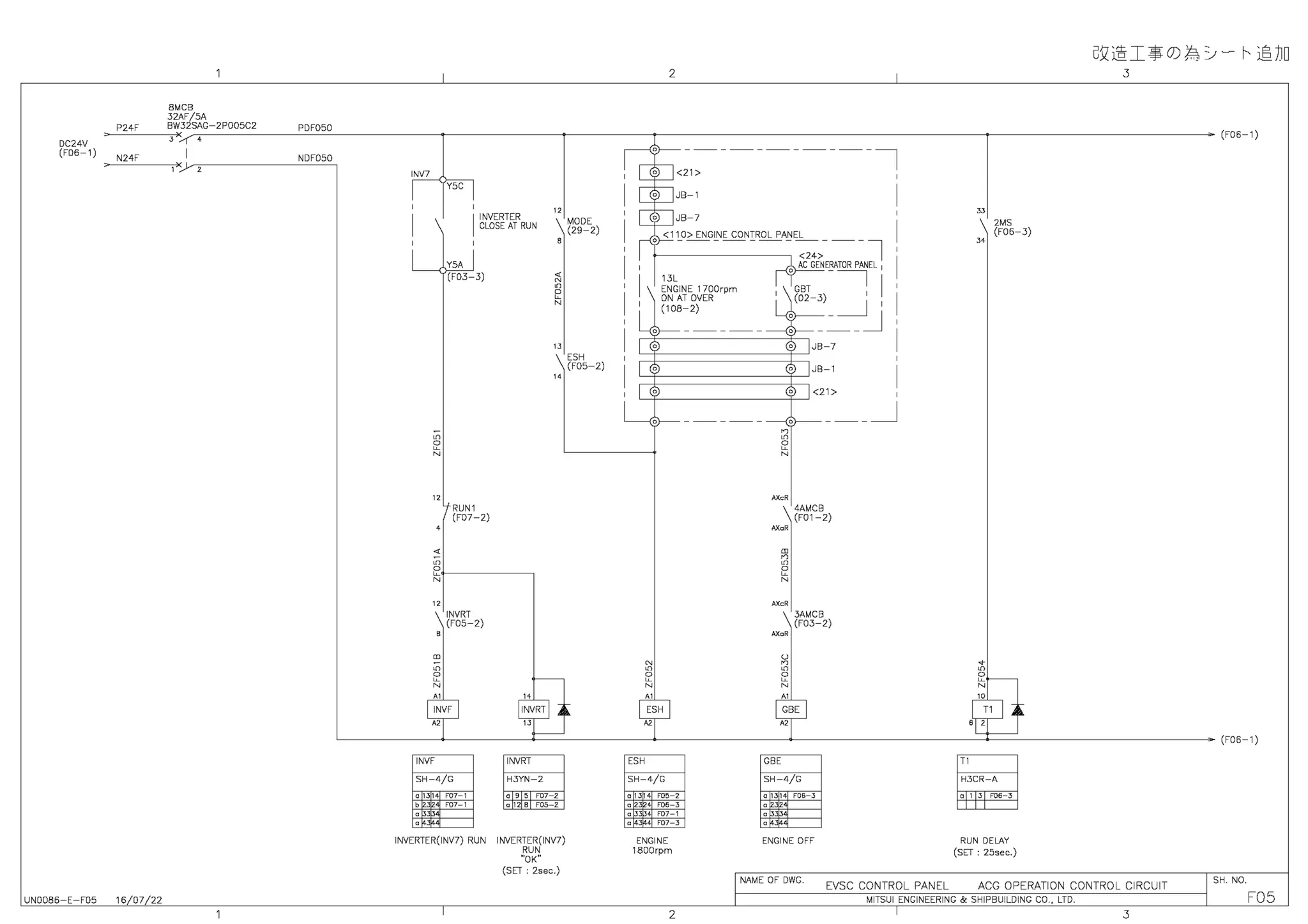 DC24V
(FD6-1)
UN0086-E-F05
P24F
N24F
16/07/22
8MCB
32AF/5A
BW32SAG-2P005C2 PDF050
NDF050
ITT
2
N
" RUN1
(F07-2)
~
ITT
0
~
N
" INVRT
(F05-2)
rn
ITT
2
N
" "
INVF INVRT
SH-4/G H3YN-2
a 1314 rn' I 0" F07 2
bl?Jl?<IJ F07-1 a 12 B FOS-2
a l~Jl~<IJ
a l43144j
INVERTER(INV7) RUN INVERTER(INV7)
RUN
"OK"
(SET : 2sec.)
2
ESH
SH-4/G
a 13M4 rn;
'
a 23r.>4 F06-3
a 33"4 F07-1
al43l441 F07-3
ENGINE
1800rpm
2
GBE
SH-4/G
a 1314 F06 3
a 1?31?<J
a l~Jl~<IJ
a l43144j
ENGINE OFF
NAME OF DWG.
Tl
H3CR-A
a13 F063
RUN DELAY
(SET : 25sec.)
GJz@I:$ 0) J:: :_,, ~ ~©JD
3
(F06-1)
(F06-1)
EVSC CONTROL PANEL ACG OPERATION CONTROL CIRCUIT
SH. NO.
MITSUI ENGINEERING & SHIPBUILDING CO., LTD. F05
 