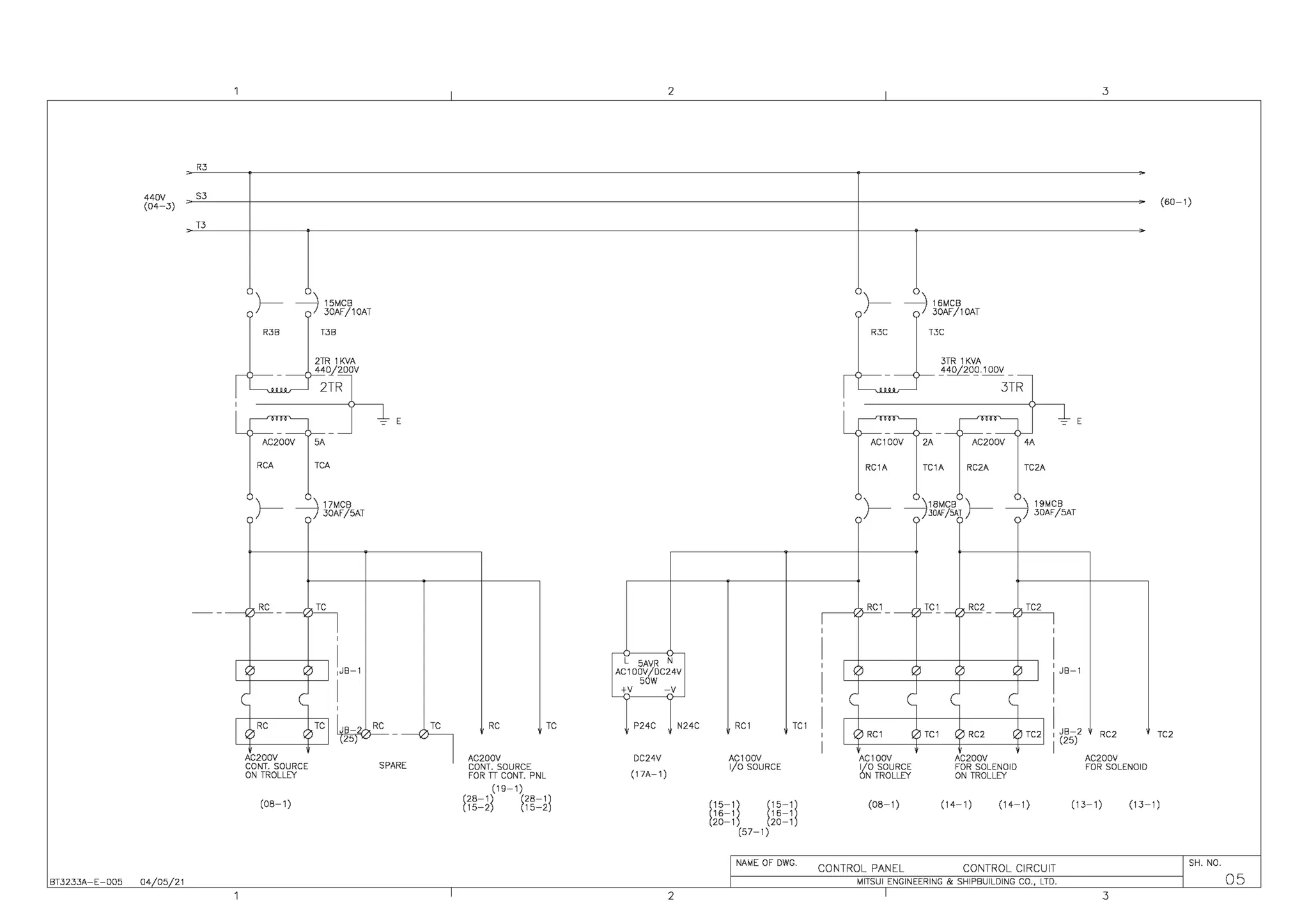440V
(04-3)
BT3233A-E-005 04 05 21
R3
S3
T3
)--- -::7 l6Xi'J10AT
38
R 1KVA
0_/200V
'~
AC200V 5A
RCA TCA
)---
___:::_j 17MCB
~J 30AF/5AT
RC TC
I
'
I o i) I IJB-1
I
'
I ,
)RC ) TC 1 IJB-"
( 25)
ACZOOV
CONT. SOURCE
ON TROLLEY
(08-1)
RC
SPARE
TC
I
RC
AC200V
CONT. SOURCE
FOR TT CONT. PNL
(19-1)
TC
1
28-1) 128-1)
15-2) 15-2)
2
L 5AVR N
AC1 OOV/DC24V
sow
+v -V
P24C N24C
DC24V
(17A-1)
2
RC1 TC1
AC1 DOV
1/0 SOURCE
115-1l 115-1l
16-1 16-1
20-1 20-1
(57-1)
NAME OF DWG.
)--- -::7 l6Xi'Y1OAT
AC100V 2A
3C
3TR 1KVA
_j'!Qfl_O_g. 1DOV _
3TR
AC200V 4A
RC1A TC1A RC2A TCZA
~ E
)---
____:__j18MCB )--- ____:__j 19MCB
~) 30AF/5AT ~) 30AF/SAT
RC1 TC1 RC2 TC2
i JB-1
'
TC2 I JB-2
i (25)
AC1 DOV ACZOOV
~O SOURCE FOR SOLENOID
N TROLLEY ON TROLLEY
3
(60-1)
RC2 TC2
AC200V
FOR SOLENOID
(08-1) (14-1) (14-1) (13-1) (13-1)
CONTROL PANEL CONTROL CIRCUIT
SH. NO.
MITSUI ENGINEERING & SHIPBUILDING CO., LTD.
3
05
 