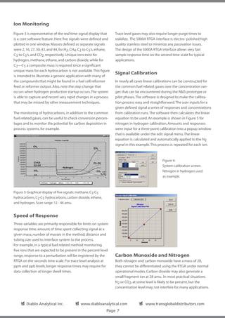 Ion Monitoring
Figure 3 is representative of the real time signal display that    Trace level gases may also require longer purge times to
is a core software feature. Here five signals were defined and     stabilize. The 5000A RTGA interface is electro- polished high
plotted in one window. Masses defined as separate signals          quality stainless steel to minimize any passivation issues.
were 2, 16, 27, 30, 43, and 44, for H2, CH4, C2 to C5’s, ethane,   The design of the 5000A RTGA interface allows very fast
C3 to C5’s, and CO2, respectively. Unique ions exist for           sample response time on the second time scale for typical
hydrogen, methane, ethane, and carbon dioxide, while for           applications.
C2—C5 a composite mass is required since a significant
unique mass for each hydrocarbon is not available. This figure
                                                                   Signal Calibration
is intended to illustrate a generic application with many of
the compounds that might be found in a fuel cell reformer          In nearly all cases linear calibrations can be constructed for
feed or reformer output. Also, note the step change that           the common fuel related gases over the concentration ran-
occurs when hydrogen production startup occurs. The system         ges that can be encountered during the R&D, prototype or
is able to capture and record very rapid changes in a process      pilot phases. The software is designed to make the calibra-
that may be missed by other measurement techniques.                tion process easy and straightforward. The user inputs for a
                                                                   given defined signal a series of responses and concentrations
The monitoring of hydrocarbons, in addition to the common          from calibration runs. The software then calculates the linear
fuel related gases, can be useful to check conversion percen-      equation to be used. An example is shown in Figure 5 for
tages and to monitor the potential for carbon deposition in        nitrogen in hydrogen calibration. Amounts and responses
process systems, for example.                                      were input for a three-point calibration into a popup window
                                                                   that is available under the edit signal menu. The linear
                                                                   equation is calculated and automatically applied to the N2
                                                                   signal in this example. This process is repeated for each ion.



                                                                                                  Figure 4:
                                                                                                  System calibration screen.
                                                                                                  Nitrogen in hydrogen used
                                                                                                  as example.



Figure 3: Graphical display of five signals: methane, C3-C5
hydrocarbons, C2-C5 hydrocarbons, carbon dioxide, ethane,
and hydrogen. Scan range: 12 - 46 amu.


Speed of Response
Three variables are primarily responsible for limits on system
response time: amount of time spent collecting signal at a
given mass; number of masses in the method; distance and
tubing size used to interface system to the process.
For example, in a typical fuel related method monitoring
five ions that are expected to be present in the percent level
range, response to a perturbation will be registered by the        Carbon Monoxide and Nitrogen
RTGA on the seconds time scale. For trace level analysis at        Both nitrogen and carbon monoxide have a mass of 28,
ppm and ppb levels, longer response times may require for          they cannot be differentiated using the RTGA under normal
data collection at longer dwell times.                             operational modes. Carbon dioxide may also generate a
                                                                   small fragment ion at 28 amu. In most practical situations
                                                                   N2 or CO2, at some level is likely to be present, but the
                                                                   concentration level may not interfere for many applications.



    ✔
    ❏ Diablo Analytical Inc.             ✔
                                         ❏ www.diabloanalytical.com               ✔
                                                                                  ❏ www.transglobaldistributors.com
                                                              Page 7
 