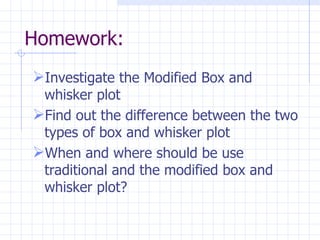 Homework: Investigate the Modified Box and whisker plot Find out the difference between the two types of box and whisker plot When and where should be use traditional and the modified box and whisker plot? 