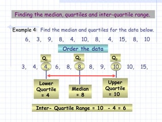 3,  4,  4,  6,  8,  8,  8,  9,  10,  10,  15,  Finding the median, quartiles and inter-quartile range.   6,  3,  9,  8,  4,  10,  8,  4,  15,  8,  10 Order the data Inter- Quartile Range = 10  - 4 = 6   Example 4 :  Find the median and quartiles for the data below. Upper Quartile = 10   Q 3 Lower Quartile = 4  Q 1 Median = 8 Q 2 