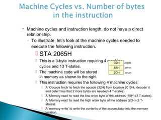  Machine cycles and instruction length, do not have a direct
relationship.
◦ To illustrate, let’s look at the machine cycles needed to
execute the following instruction.
 STA 2065H
 This is a 3-byte instruction requiring 4 machine
cycles and 13 T-states.
 The machine code will be stored
in memory as shown to the right
 This instruction requires the following 4 machine cycles:
 A ‘Opcode fetch’ to fetch the opcode (32H) from location 2010H, ‘decode’ it
and determine that 2 more bytes are needed (4 T-states).
 A ‘Memory read’ to read the low order byte of the address (65H) (3 T-states).
 A ‘Memory read’ to read the high order byte of the address (20H) (3 T-
states).
 A ‘memory write’ to write the contents of the accumulator into the memory
location.
2010H
2011H
2012H
32H
65H
20H
 