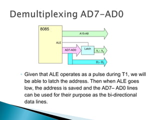 ◦ Given that ALE operates as a pulse during T1, we will
be able to latch the address. Then when ALE goes
low, the address is saved and the AD7– AD0 lines
can be used for their purpose as the bi-directional
data lines.
A15-A8
LatchAD7-AD0
D7- D0
A7- A0
8085
ALE
 