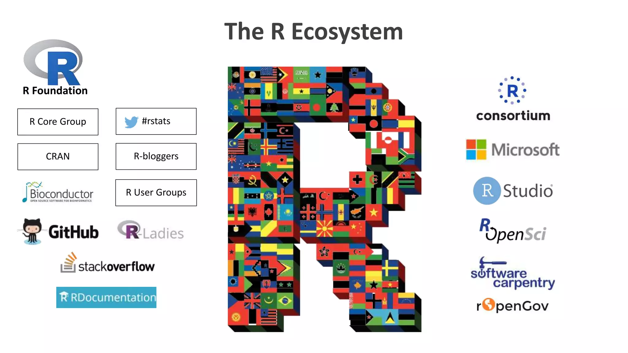 The R Ecosystem
R Foundation
R Core Group
CRAN
#rstats
R-bloggers
R User Groups
 