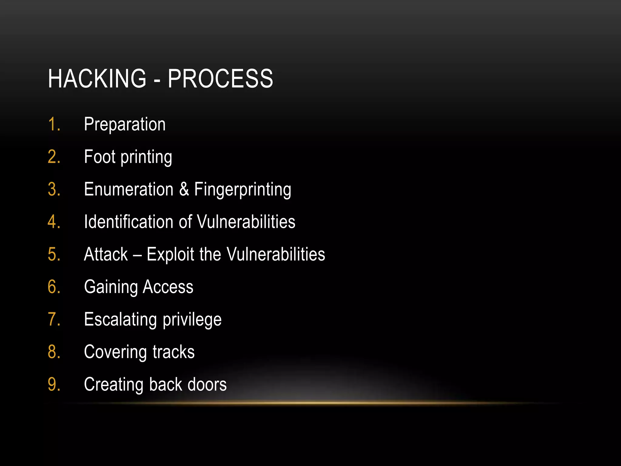 HACKING - PROCESS
1. Preparation
2. Foot printing
3. Enumeration & Fingerprinting
4. Identification of Vulnerabilities
5. Attack – Exploit the Vulnerabilities
6. Gaining Access
7. Escalating privilege
8. Covering tracks
9. Creating back doors
 