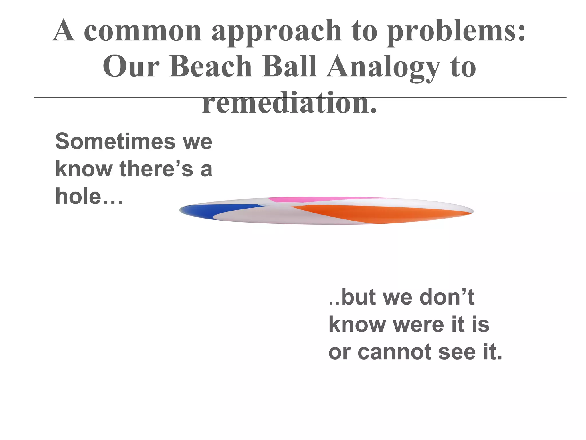 A common approach to problems:
   Our Beach Ball Analogy to
         remediation.
Sometimes we
know there’s a
hole…



                 ..but we don’t
                 know were it is
                 or cannot see it.
 
