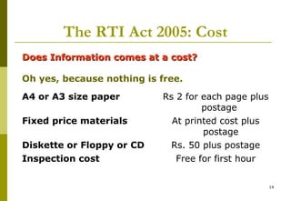14
The RTI Act 2005: Cost
Does Information comes at a cost?Does Information comes at a cost?
Oh yes, because nothing is free.
A4 or A3 size paper Rs 2 for each page plus
postage
Fixed price materials At printed cost plus
postage
Diskette or Floppy or CD Rs. 50 plus postage
Inspection cost Free for first hour
 