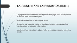 LARYNGITIS AND LARYNGOTRACHEITIS
Laryngotracheobronchitis may affect people of any age, but it usually occurs
in children aged 6months to 6 years.
The peak incidence is in second year of life.
Thereafter, the enlarging caliber of the airway reduces the severity of the
manifestations of subglottic inflammation.
Vaccination has dramatically reduced rates of pertussis, including whooping
cough.
 
