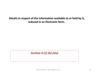 Details in respect of the information available to or held by it,
reduced in an Electronic form.
Section 4 (1) (b) (xiv)
67Raman Sharma : jkrtiact@gmail.com
 