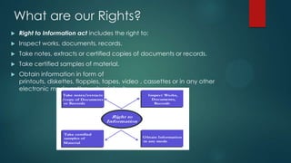 What are our Rights?
 Right to Information act includes the right to:
 Inspect works, documents, records.
 Take notes, extracts or certified copies of documents or records.
 Take certified samples of material.
 Obtain information in form of
printouts, diskettes, floppies, tapes, video , cassettes or in any other
electronic mode or through printouts.
 