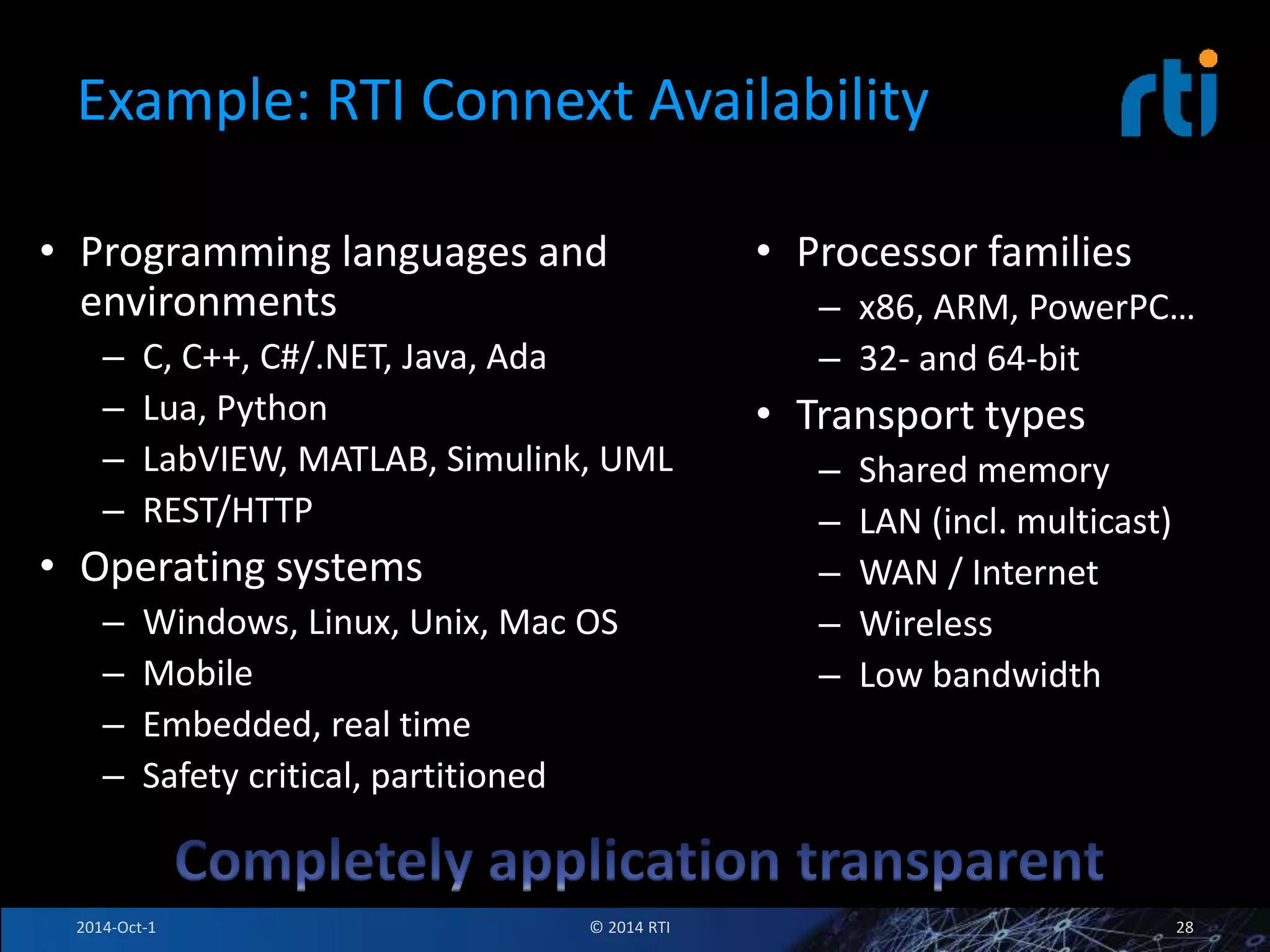 Example: RTI Connext Availability 
• Programming languages and 
environments 
– C, C++, C#/.NET, Java, Ada 
– Lua, Python 
– LabVIEW, MATLAB, Simulink, UML 
– REST/HTTP 
• Operating systems 
– Windows, Linux, Unix, Mac OS 
– Mobile 
– Embedded, real time 
– Safety critical, partitioned 
• Processor families 
– x86, ARM, PowerPC… 
– 32- and 64-bit 
• Transport types 
– Shared memory 
– LAN (incl. multicast) 
– WAN / Internet 
– Wireless 
– Low bandwidth 
2014-Oct-1 © 2014 RTI 28 
 