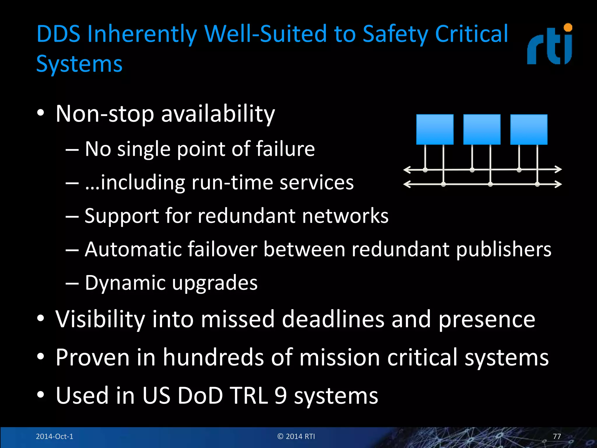 DDS Inherently Well-Suited to Safety Critical 
Systems 
• Non-stop availability 
– No single point of failure 
– …including run-time services 
– Support for redundant networks 
– Automatic failover between redundant publishers 
– Dynamic upgrades 
• Visibility into missed deadlines and presence 
• Proven in hundreds of mission critical systems 
• Used in US DoD TRL 9 systems 
2014-Oct-1 © 2014 RTI 77 
 