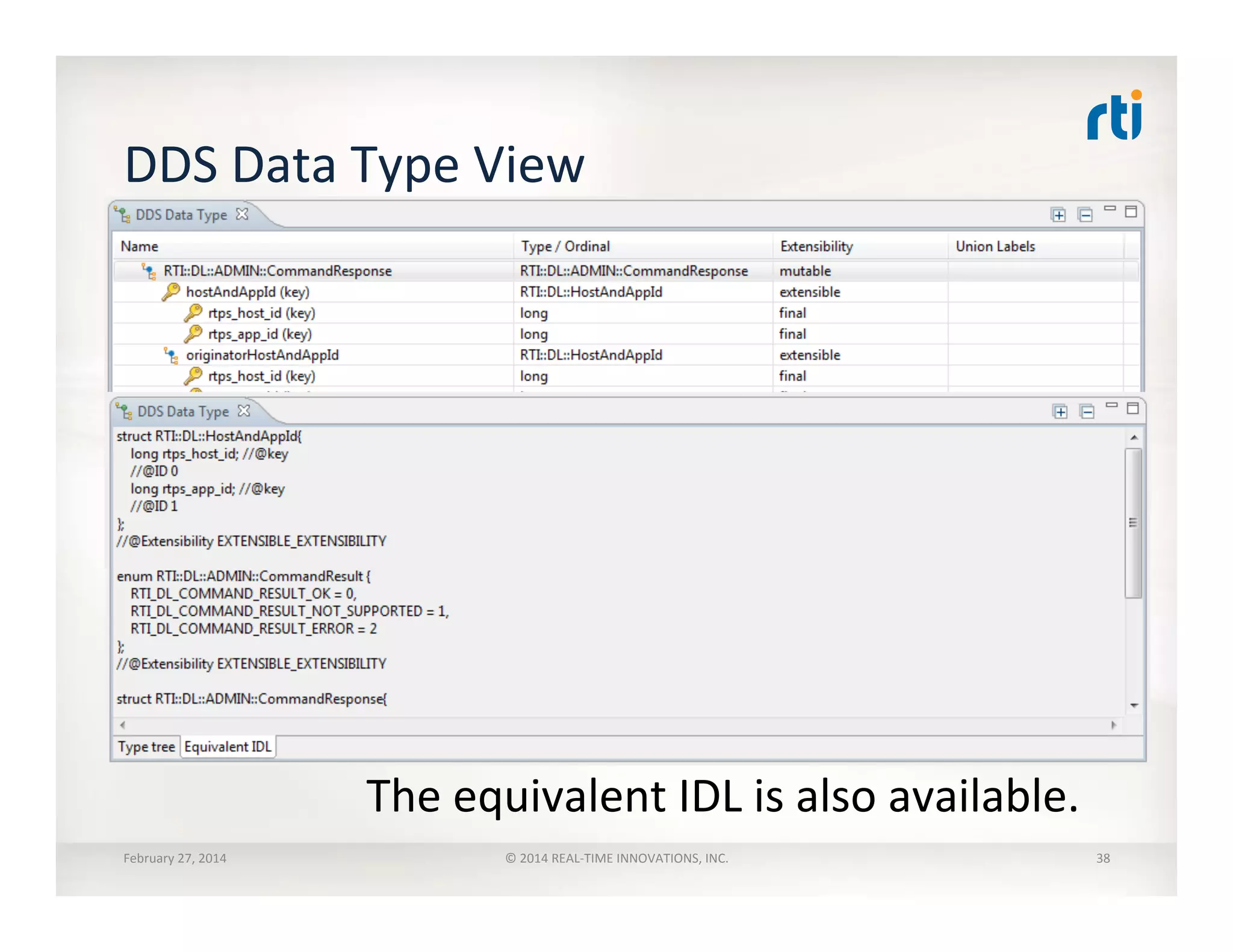 DDS	
  Data	
  Type	
  View	
  
February	
  27,	
  2014	
   ©	
  2014	
  REAL-­‐TIME	
  INNOVATIONS,	
  INC.	
  
Hierarchical	
  view	
  of	
  a	
  data	
  type	
  used	
  by	
  a	
  DDS	
  
DataWriter	
  or	
  DataReader	
  
The	
  equivalent	
  IDL	
  is	
  also	
  available.	
  
38	
  
 