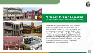 Since 1996 Round Table India has been adopting
projects to provide quality school infrastructure to
underprivileged children. In 1998, this initiative was
formalized as the National Project of Round Table
India called "Freedom Through Education" (FTE).
FTE aims to educate underprivileged children and
break the cycle of poverty, degradation, and child
labour perpetuated by illiteracy. Round Table India
focuses on infrastructure-building to promote
education for future generations.
08
“Freedom through Education”
in pursuit of educatifig under privileged children.
 