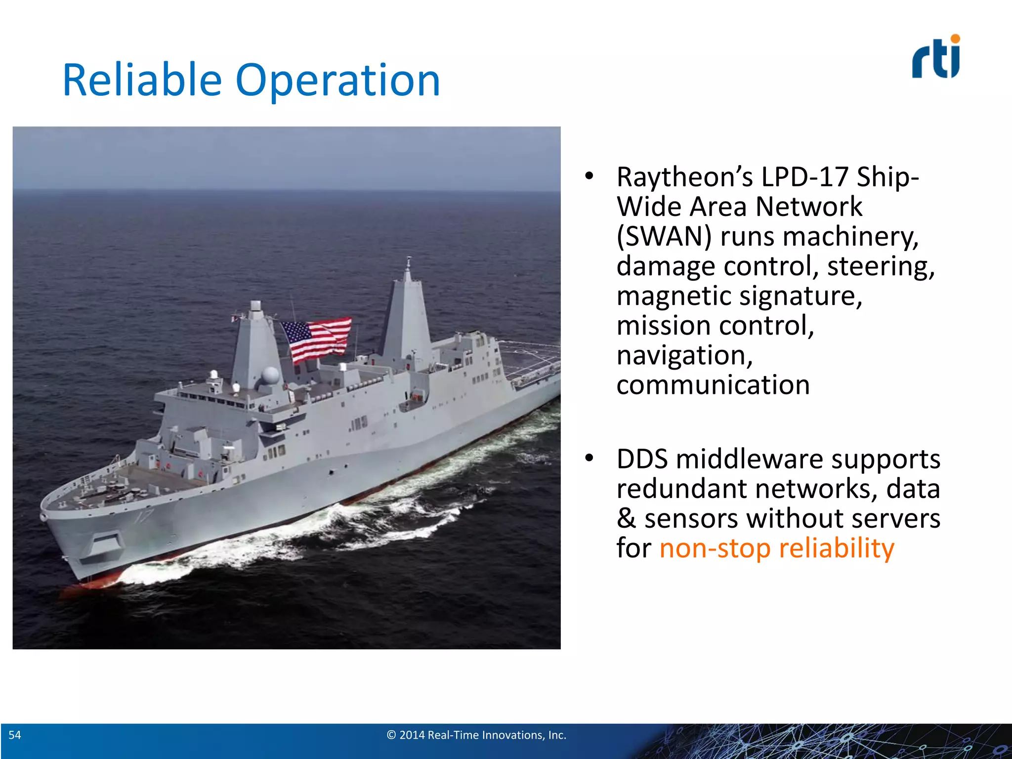 © 2014 Real-Time Innovations, Inc.54
Reliable Operation
• Raytheon’s LPD-17 Ship-
Wide Area Network
(SWAN) runs machinery,
damage control, steering,
magnetic signature,
mission control,
navigation,
communication
• DDS middleware supports
redundant networks, data
& sensors without servers
for non-stop reliability
 