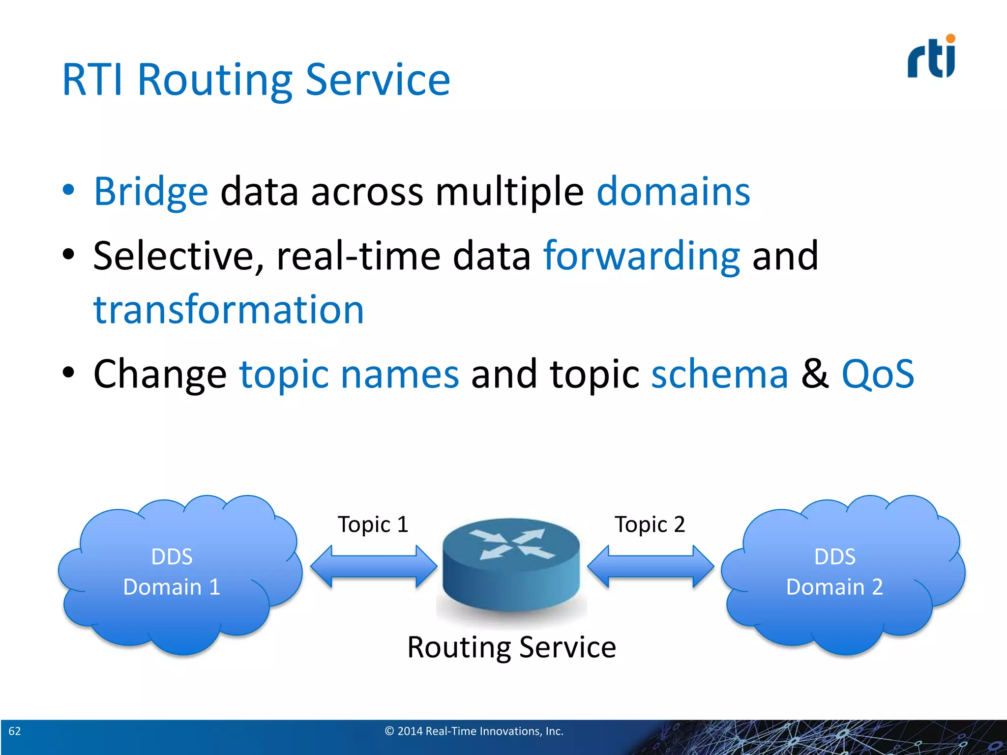© 2014 Real-Time Innovations, Inc.62
RTI Routing Service
• Bridge data across multiple domains
• Selective, real-time data forwarding and
transformation
• Change topic names and topic schema & QoS
DDS
Domain 1
DDS
Domain 2
Routing Service
Topic 1 Topic 2
 